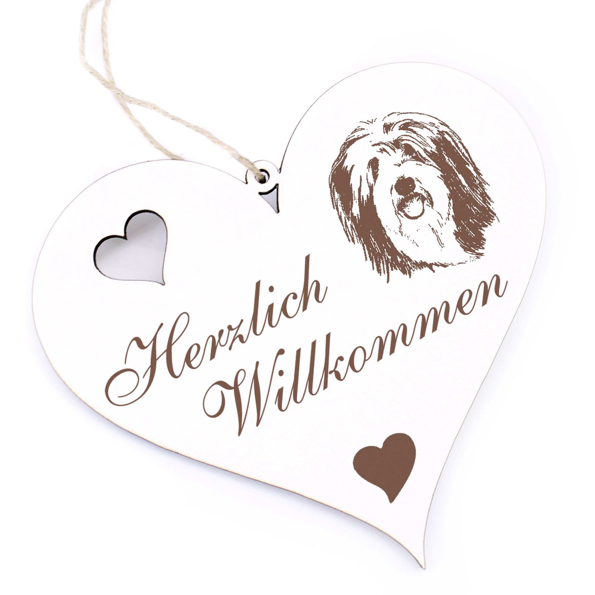 Herzlich Willkommen Schild - Bearded Collie - Deko Herz Holz