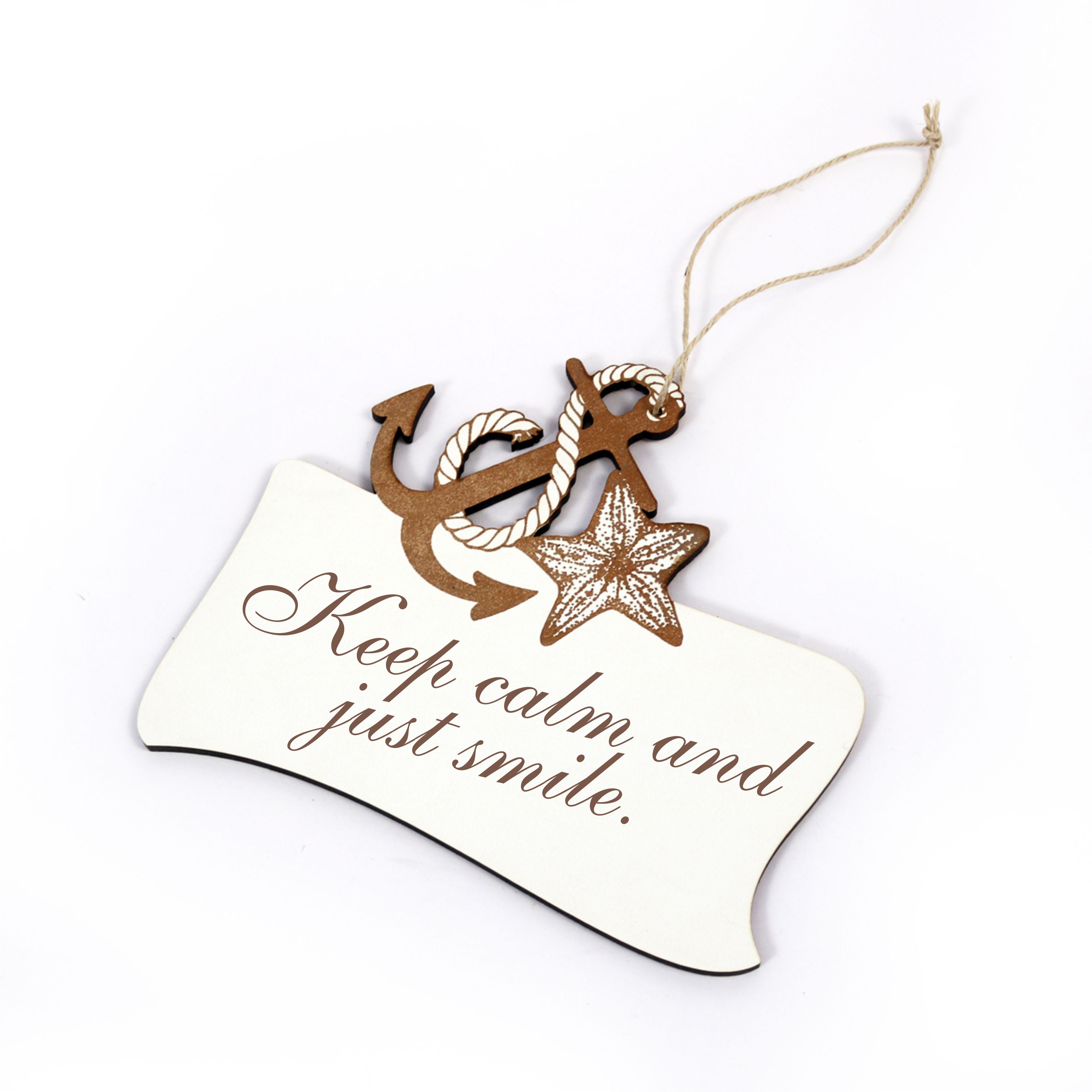 Maritimes Schild « Keep calm and just smile » mit Seestern und Anker