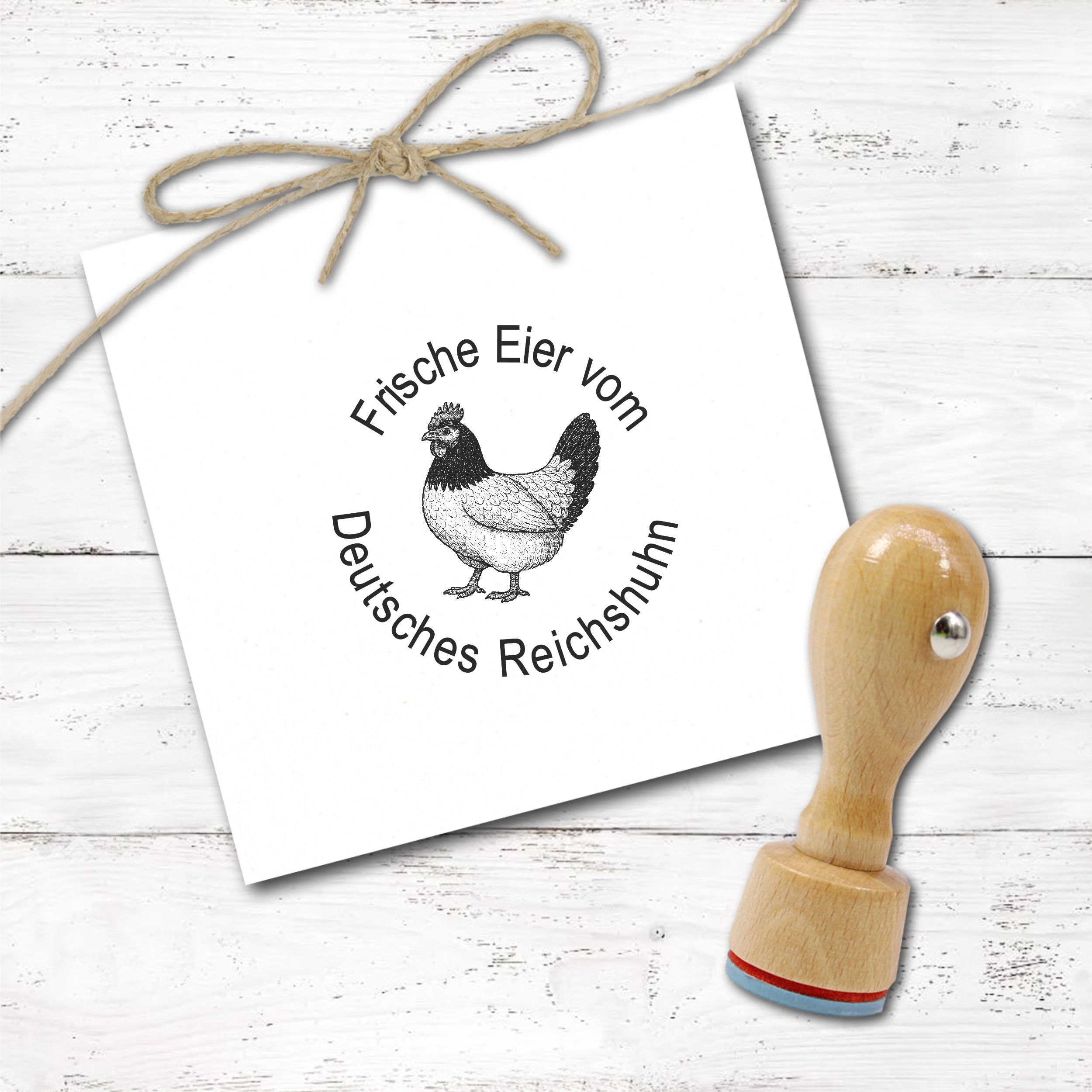 Holzstempel personalisiert „Frische Eier vom Deutschen Reichshuhn“ – Hühner Motivstempel Huhn