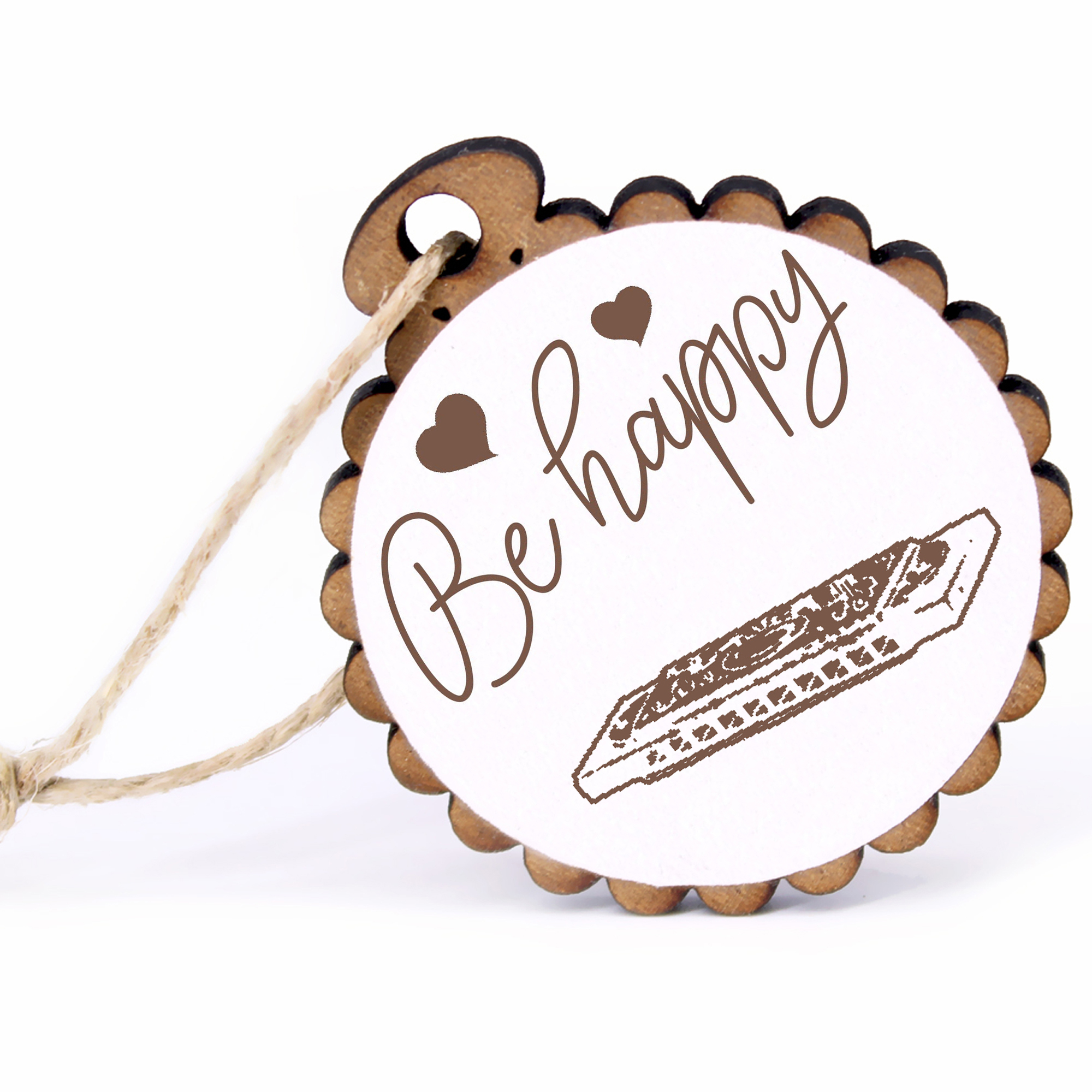 Geschenkanhänger - Be Happy Mundharmonika -  Holz Ø-5cm - mit Juteband