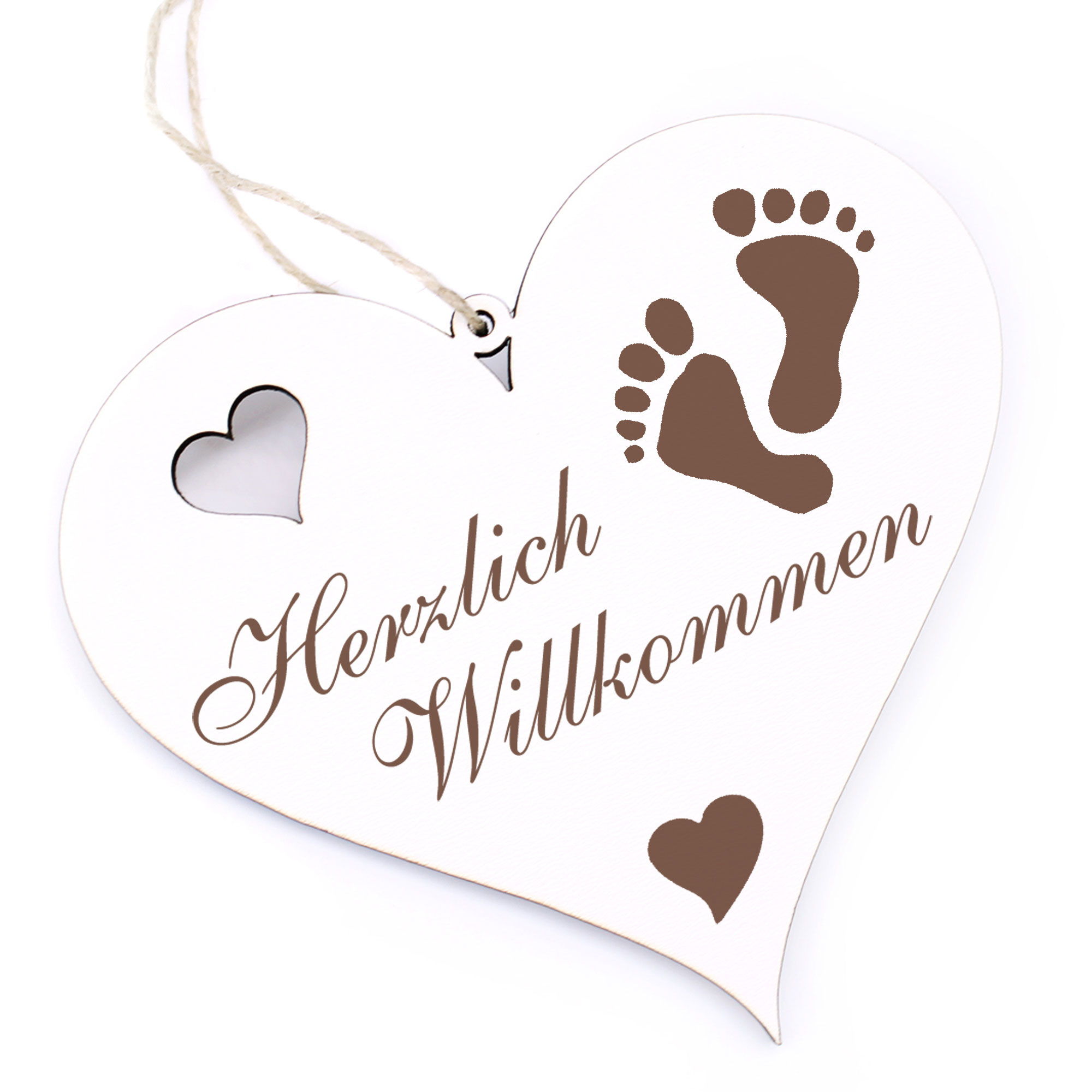 Herzlich Willkommen Schild - Fußabdrücke - Deko Herz Holz