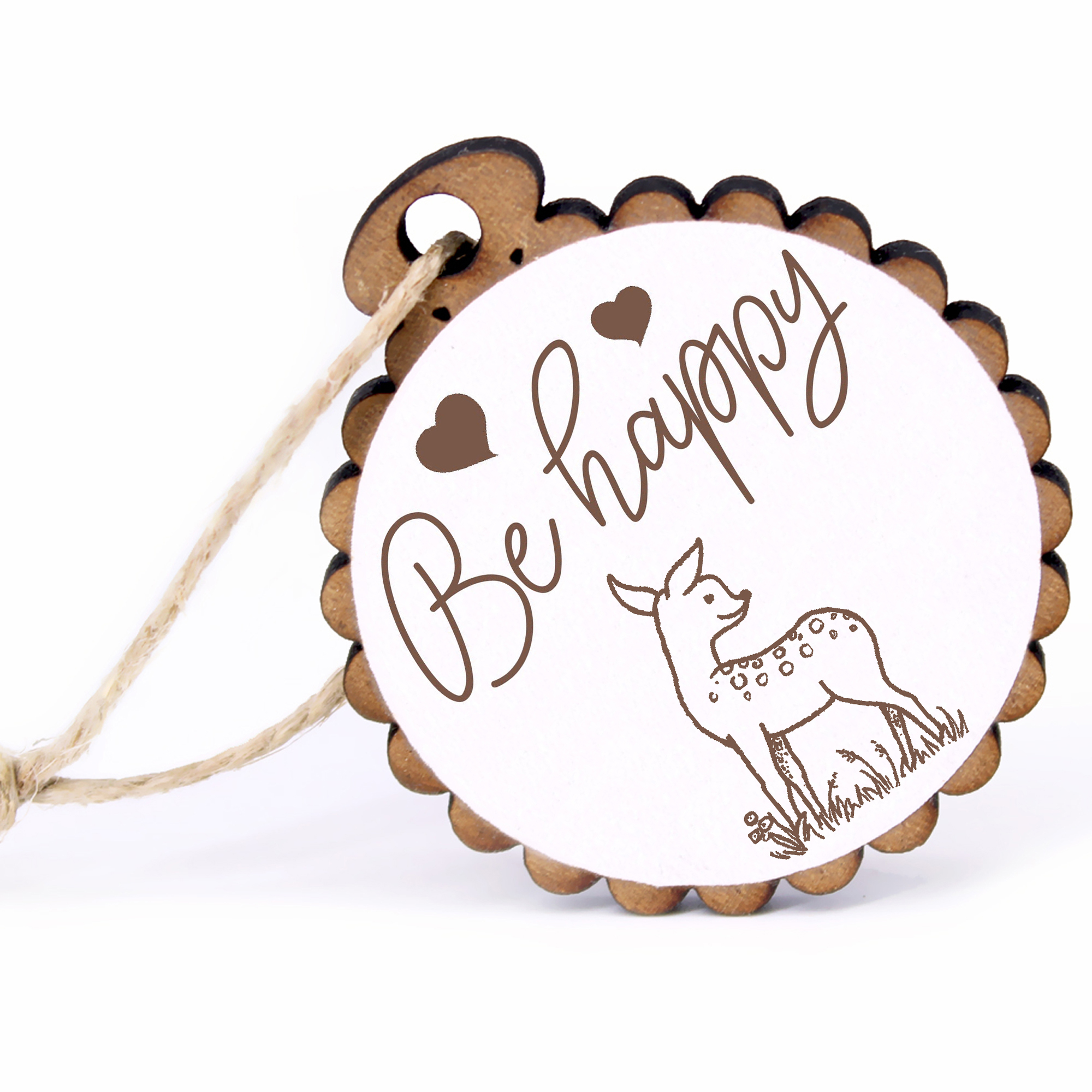 Geschenkanhänger - Be Happy niedliches Reh Rehkitz -  Holz Ø-5cm - mit Juteband
