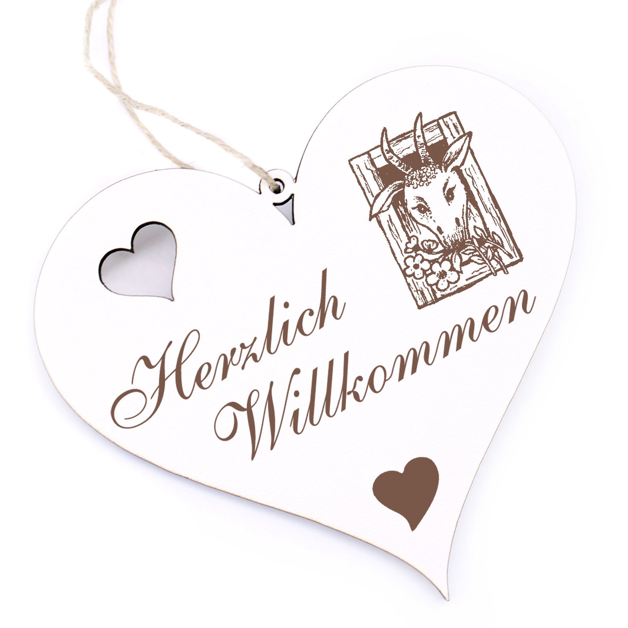 Herzlich Willkommen Schild - Ziege im Fenster - Deko Herz Holz