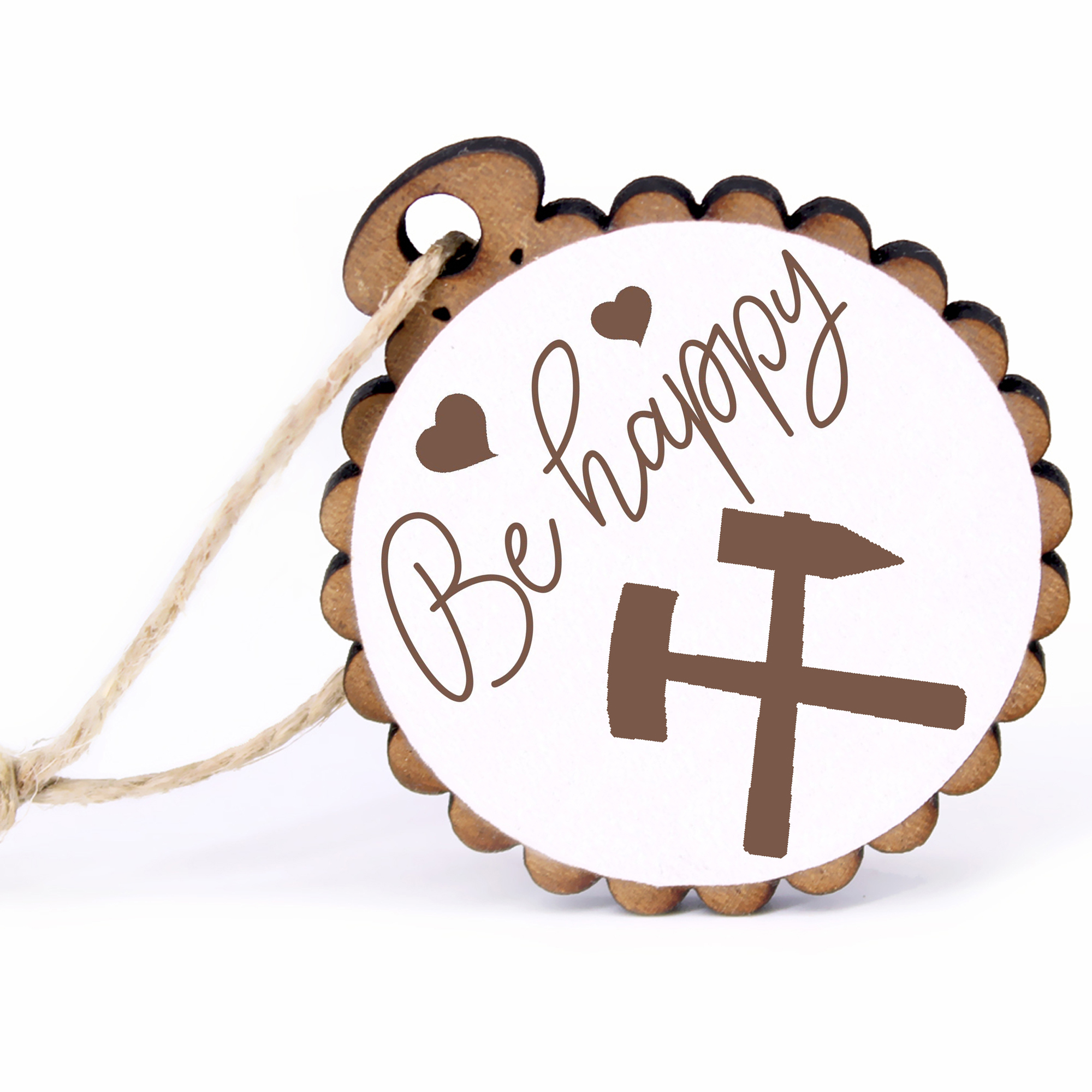 Geschenkanhänger - Be Happy Bergbau -  Holz Ø-5cm - mit Juteband