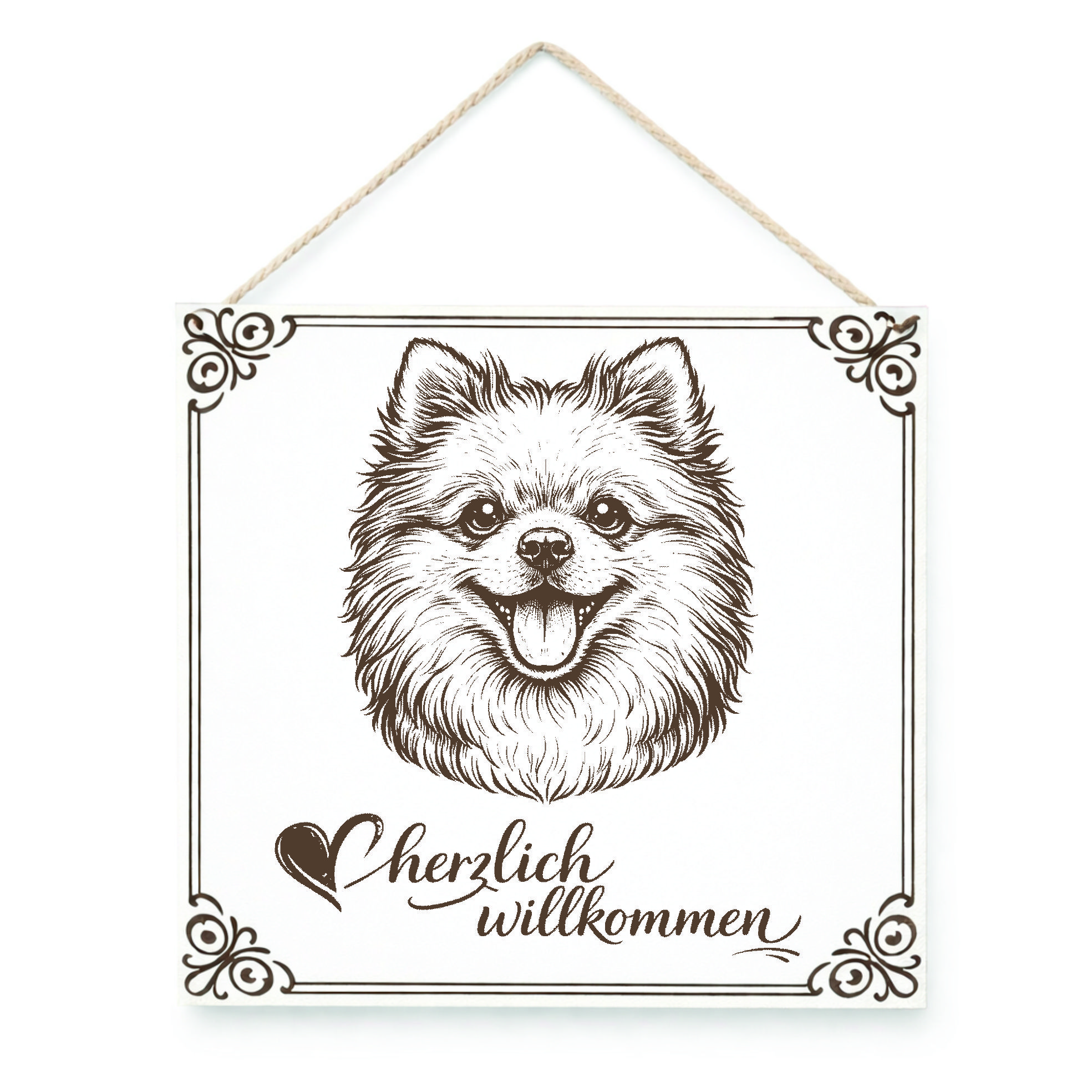 Hund Willkommensschild Zwergspitz – Türschild Herzlich Willkommen  – Dekoschild Haustür 15×15 cm