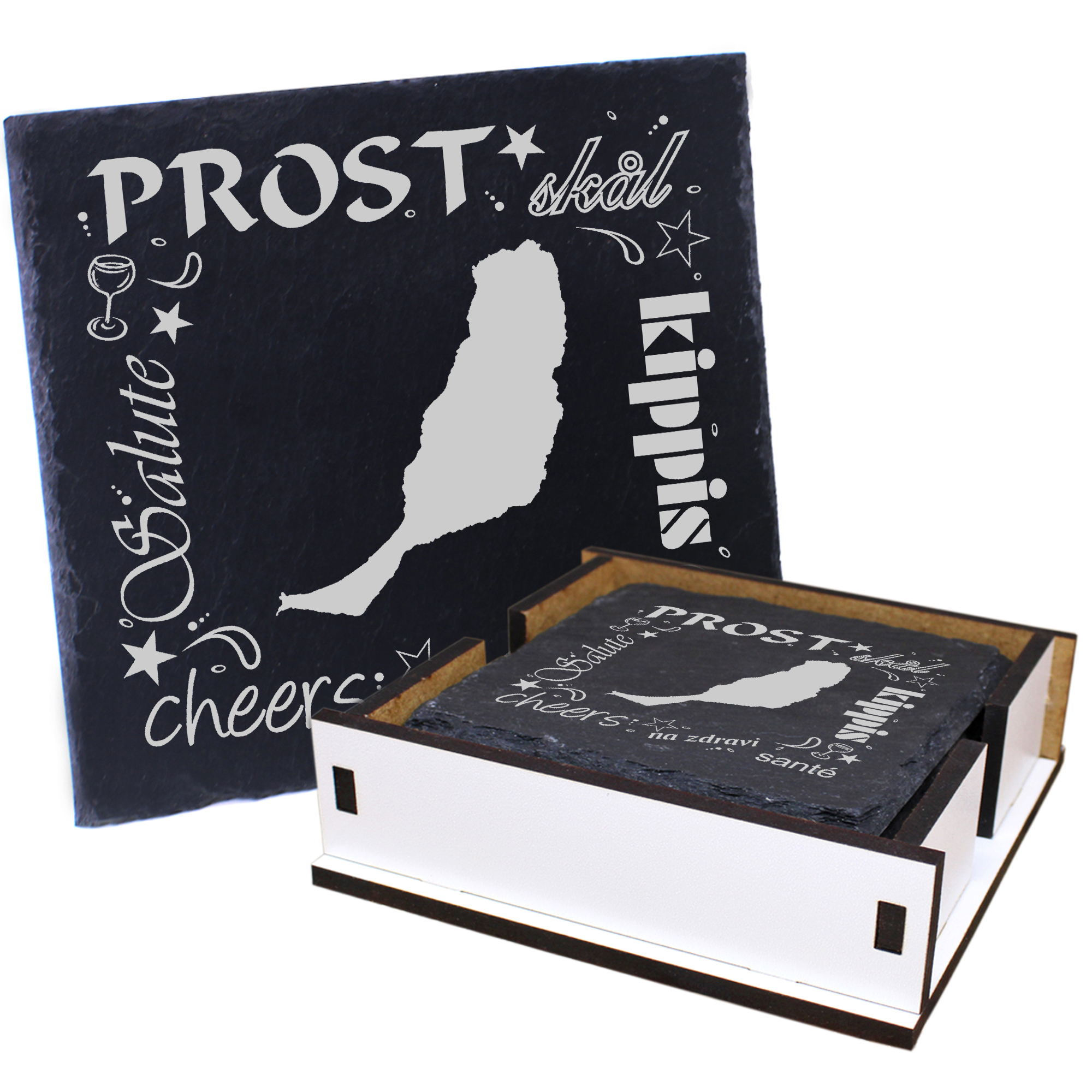 5 x Schiefer Untersetzer - Prost Insel Fuerteventura - inkl. Holzbox & Flaschenuntersetzer