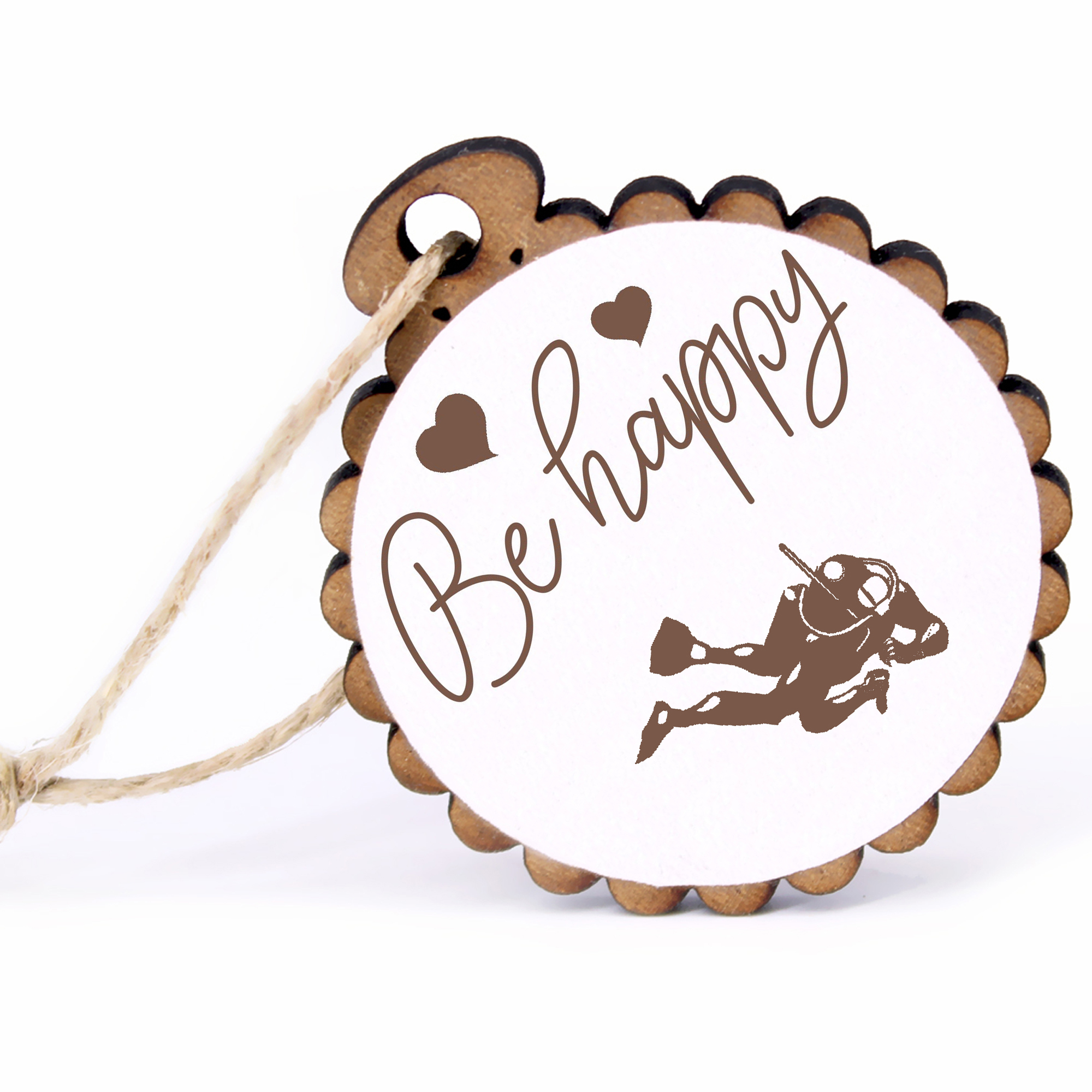 Geschenkanhänger - Be Happy dunkler Taucher -  Holz Ø-5cm - mit Juteband