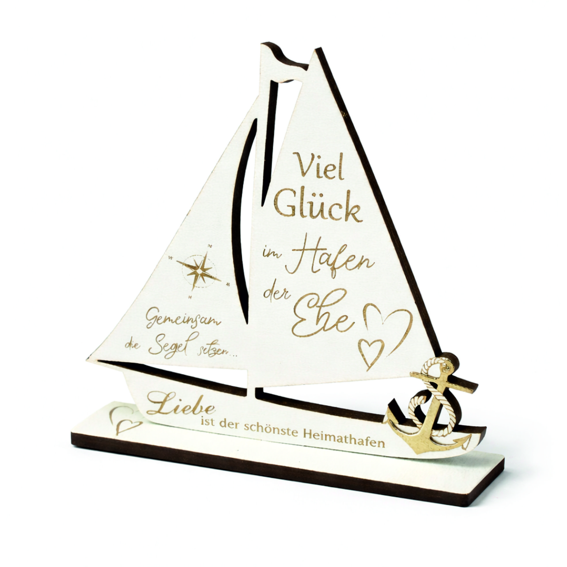 Geldgeschenk Hochzeit Segelboot aus Holz - Mini Hochzeitsgeschenk mit Spruch - 9 x 9,5 cm