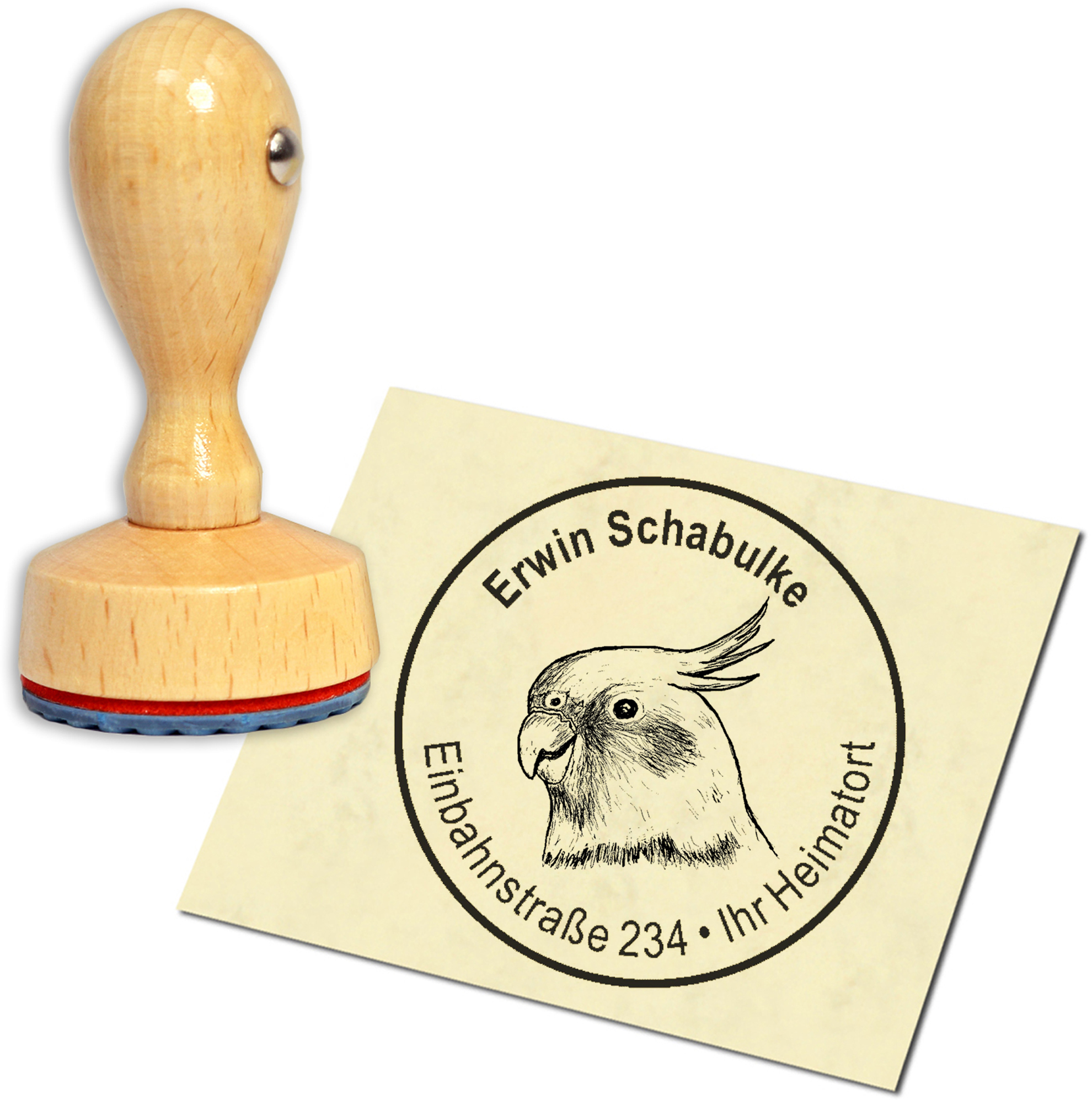 Stempel Adressstempel Holzstempel - Nymphensittich - rund 40mm