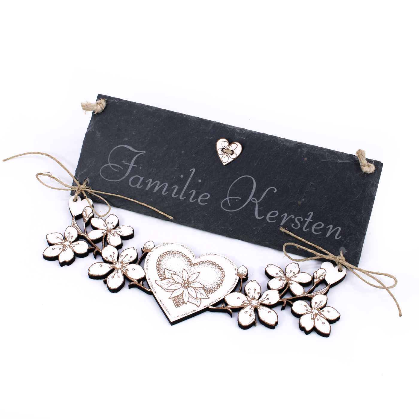 Schiefer Schild Familienname mit Blumenelement aus Holz - Schild Türschild Türdeko 22x16 cm