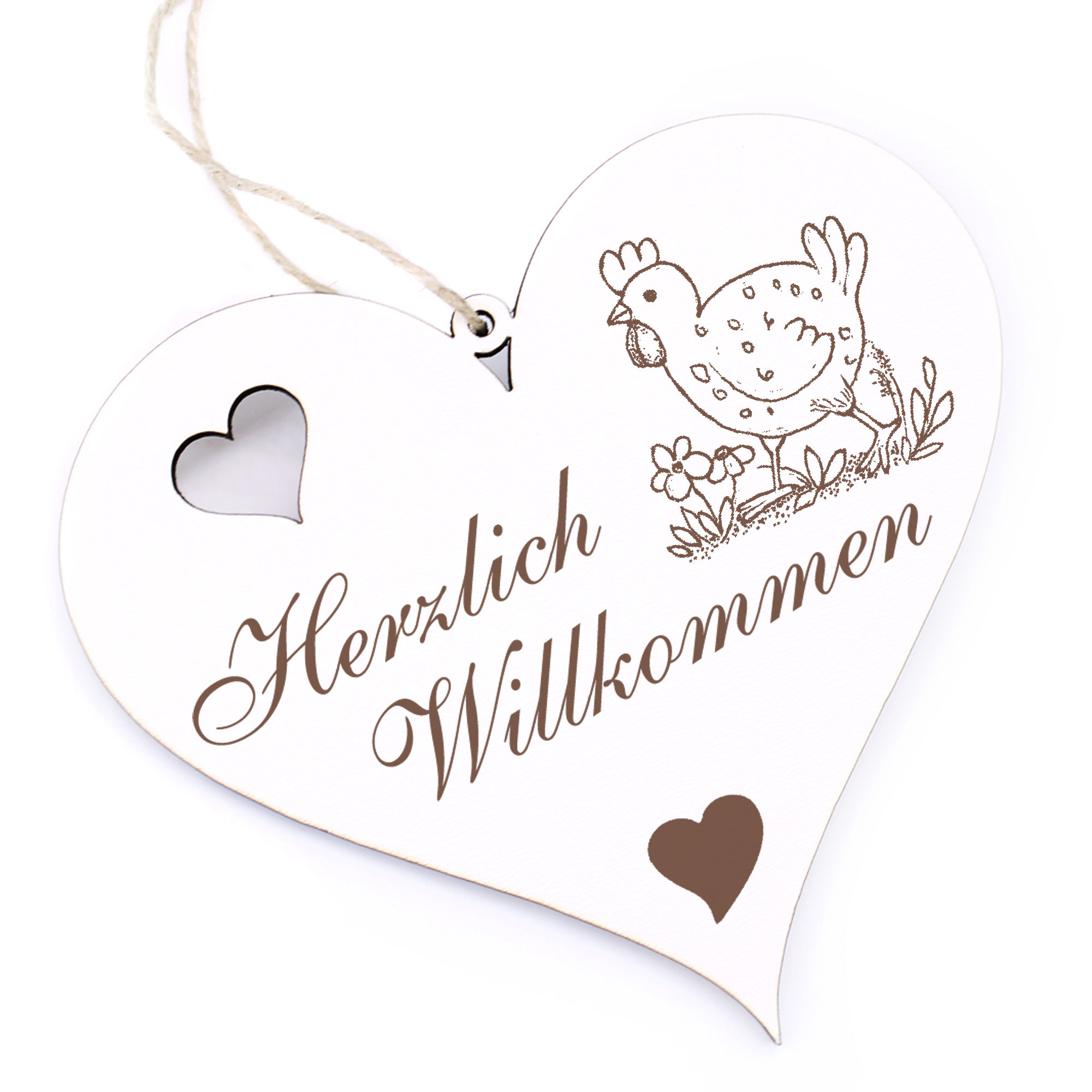 Herzlich Willkommen Schild - Huhn auf einer Wiese - Deko Herz Holz