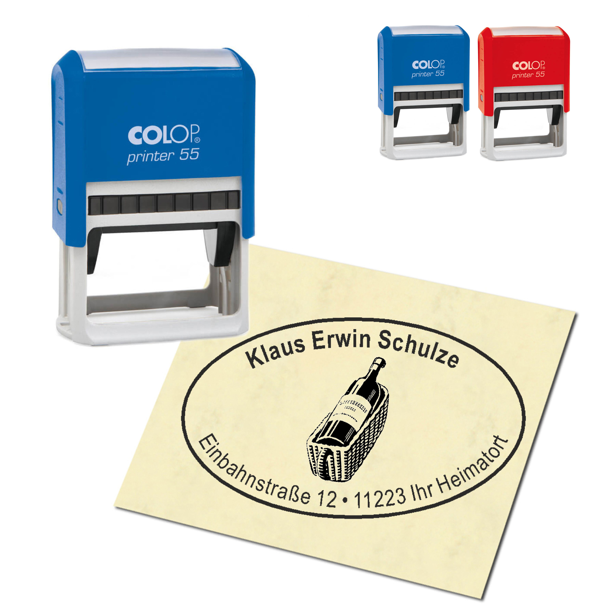 Adressstempel personalisiert Stempel - Weinflasche - oval 59 x 39 mm