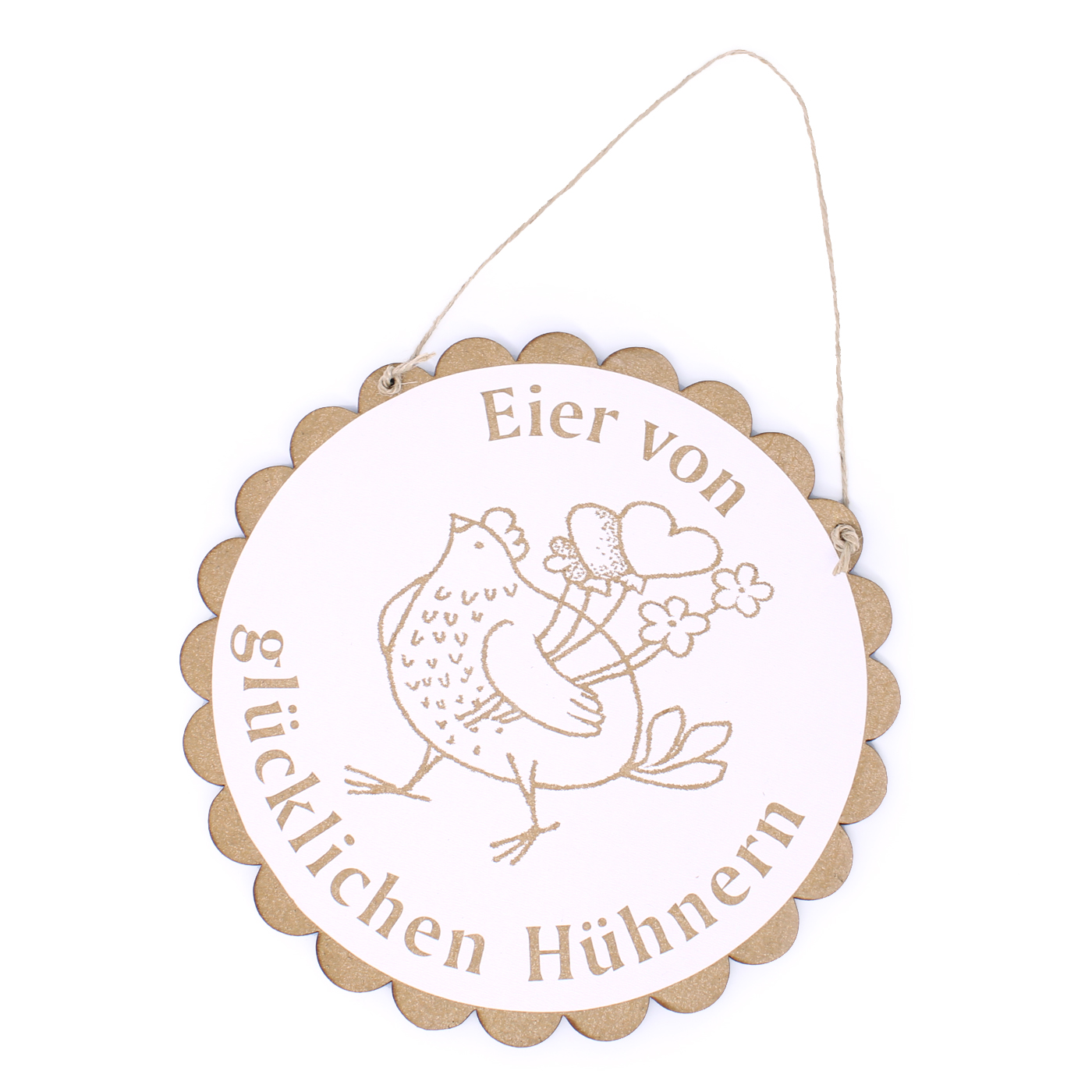 Schild Eier von glücklichen Hühnern mit Motiv Huhn mit Herzen • Ø 20 cm