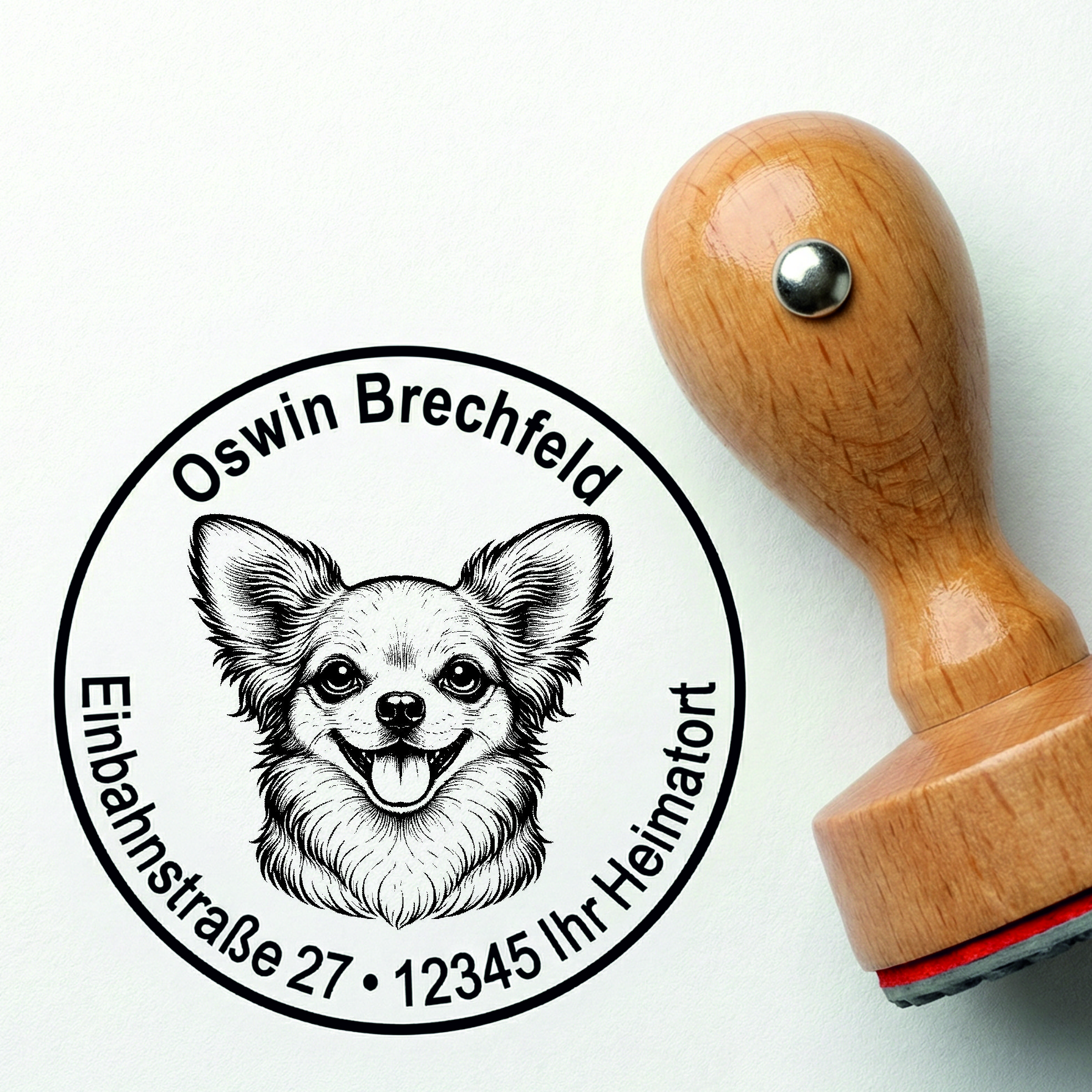 Stempel Chihuahua personalisiert – Hund Holzstempel mit Name & Adresse