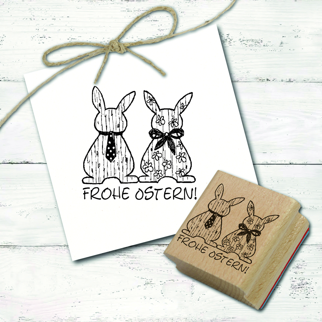 Motivstempel Frohe Ostern 2 Osterhasen Holz Deko - Stempel Holzstempel 58 x 58 mm