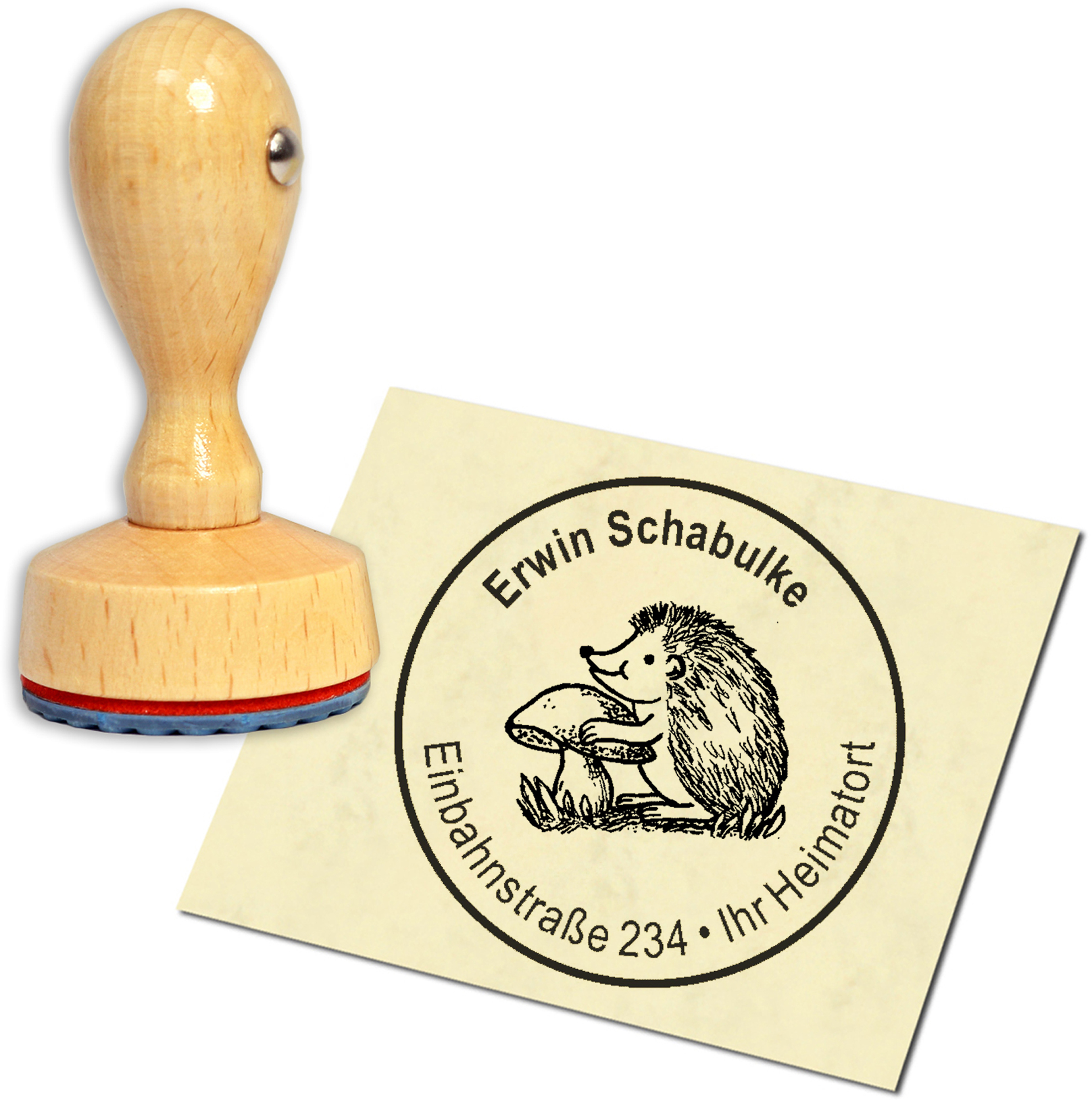 Stempel Adressstempel Holzstempel - Igel mit Pilz - rund 40mm