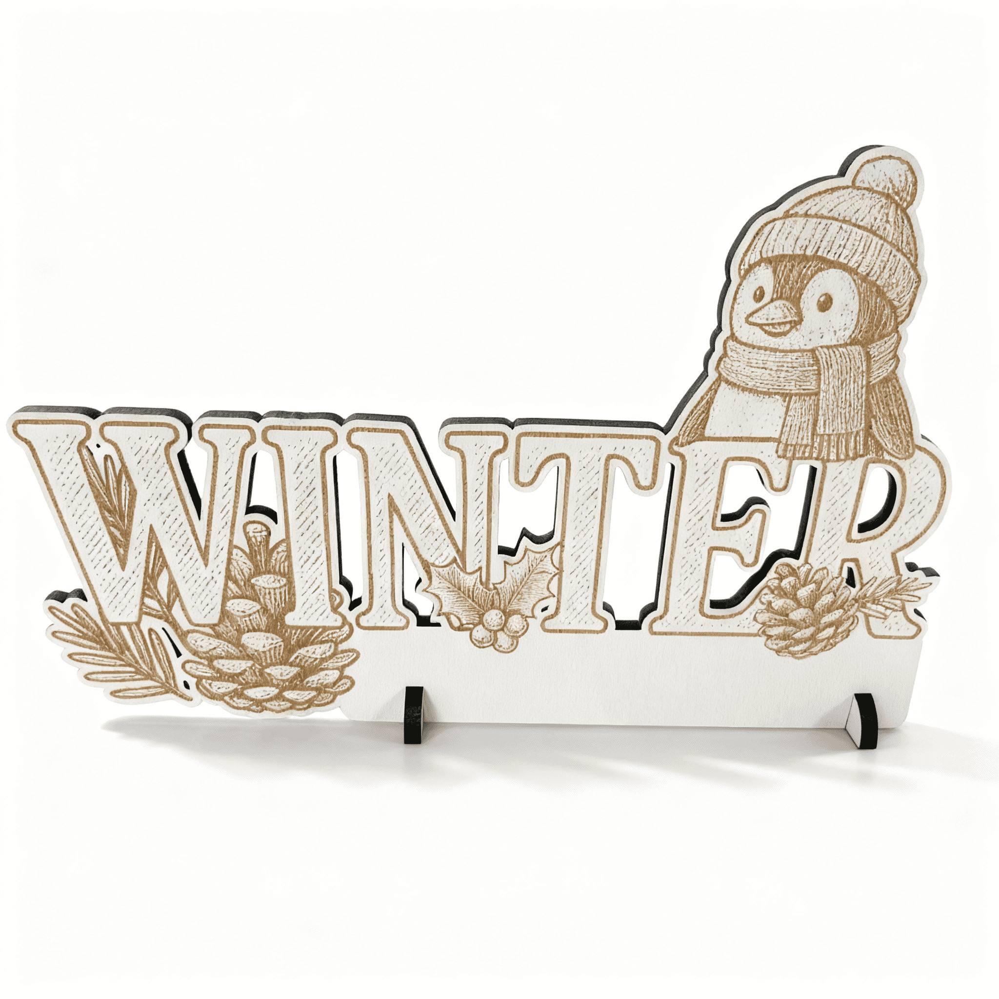Aufsteller Schriftzug WINTER mit Pinguin, Zweigen & Zapfen – dekorativer winterlicher Dekoaufsteller Aufsteller Schriftzug WINTER mit Pinguin, Zweigen & Zapfen – dekorativer winterlicher Dekoaufsteller
