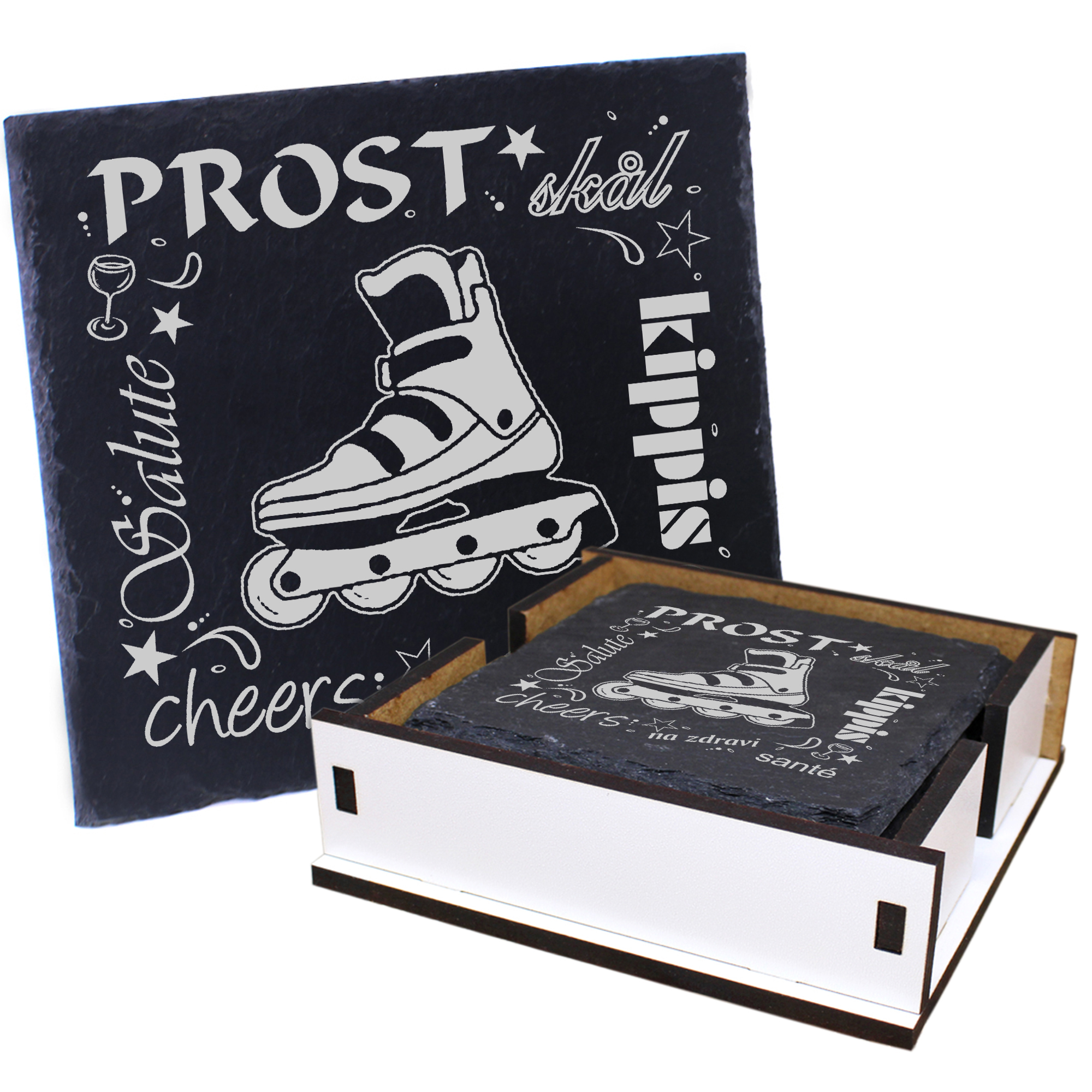 5 x Schiefer Untersetzer - Prost Inliner - inkl. Holzbox & Flaschenuntersetzer