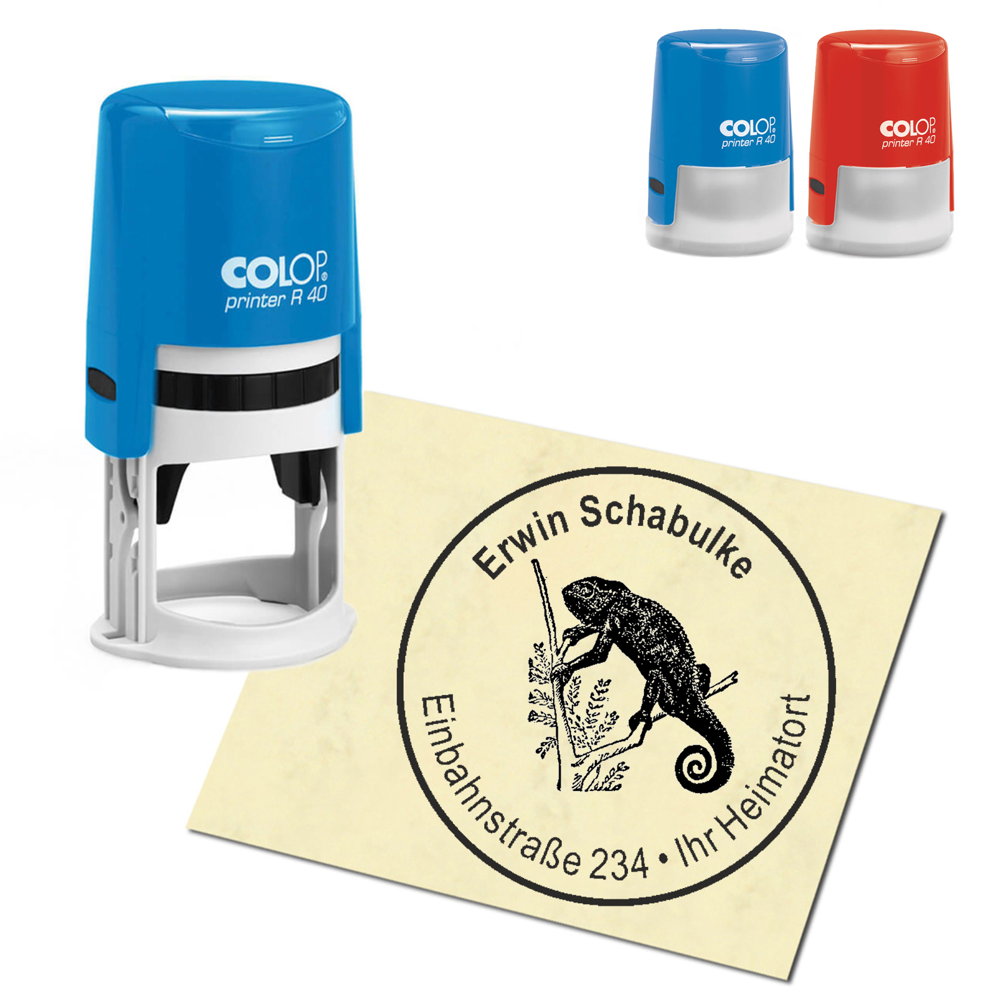 Stempel Adressstempel personalisiert - Chamäleon - rund &empty; 40mm