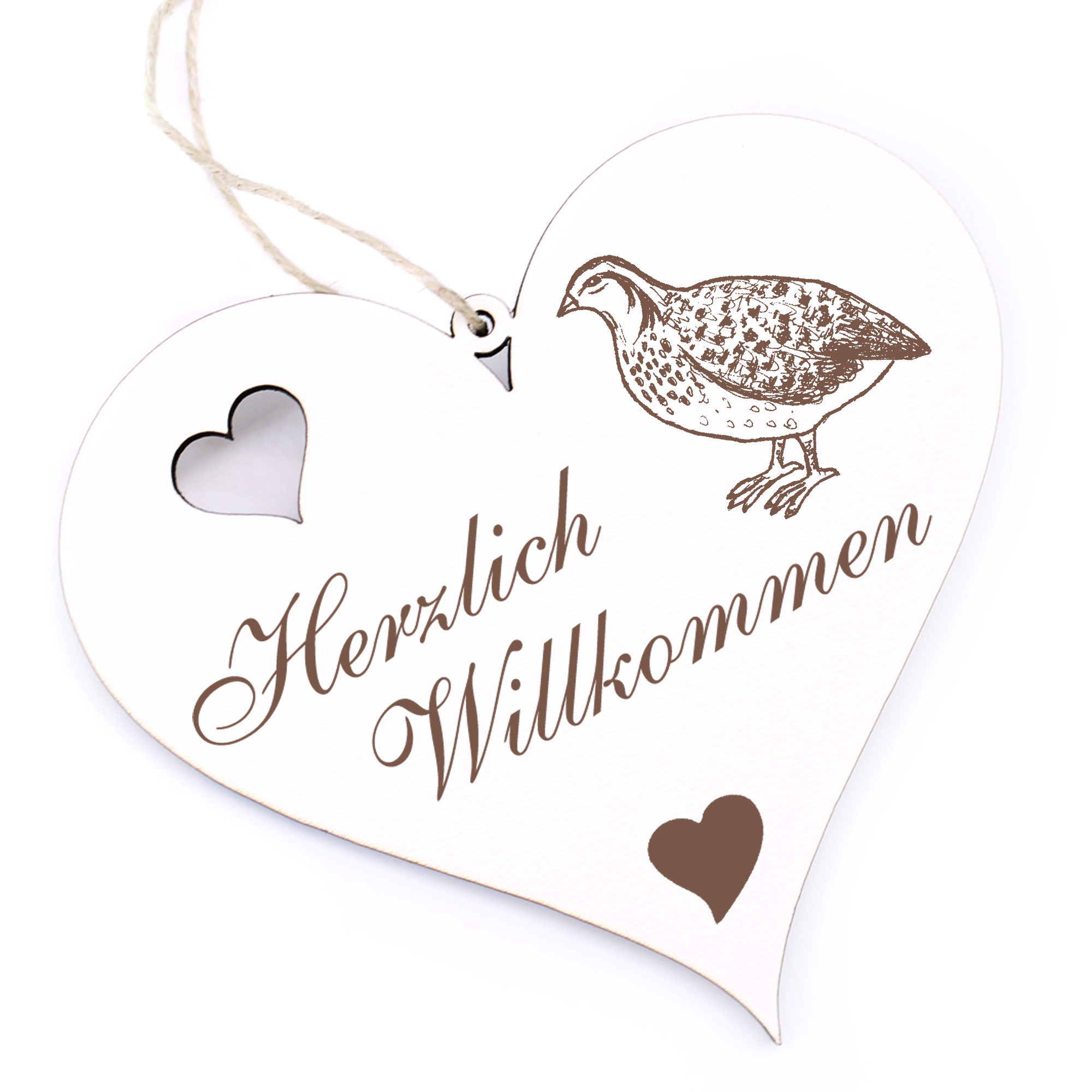 Herzlich Willkommen Schild - Wachtel - Deko Herz Holz