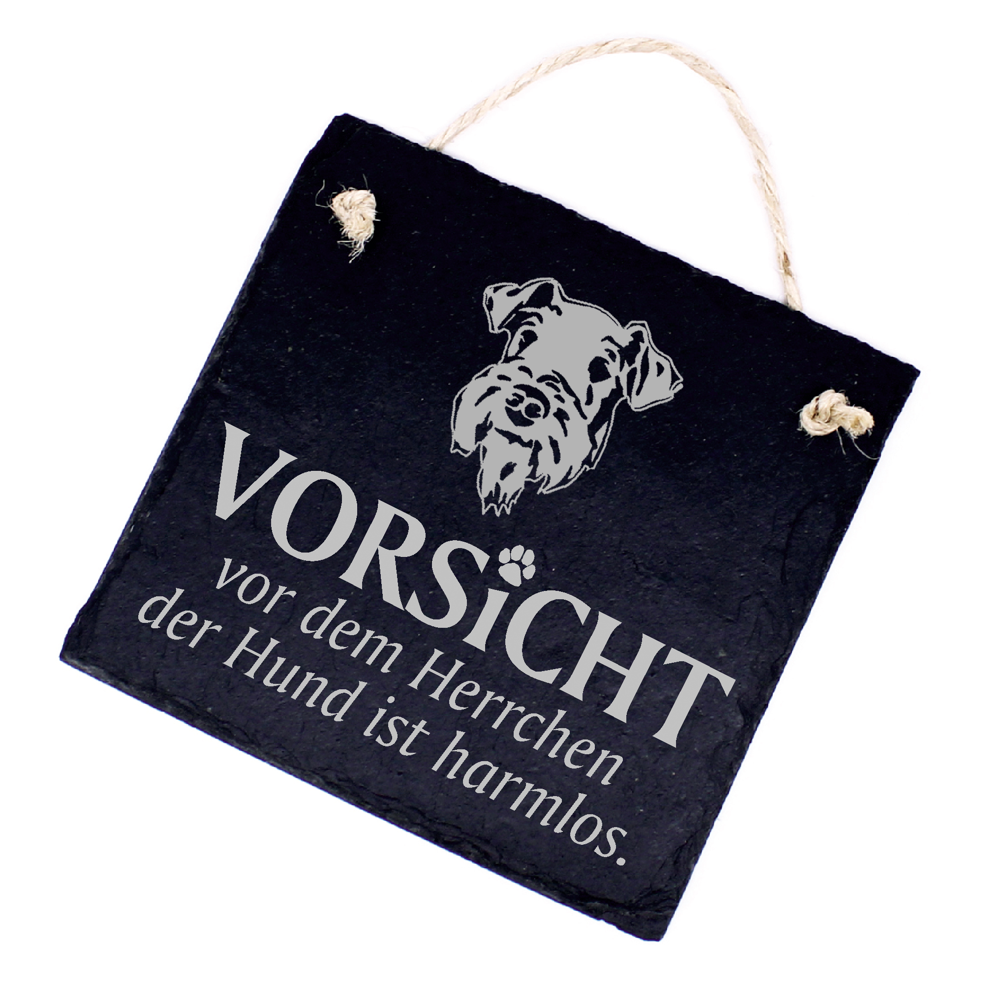 Hundeschild Airedale Terrier Schild aus Schiefer - Vorsicht vor dem Herrchen - 11cm x 11cm