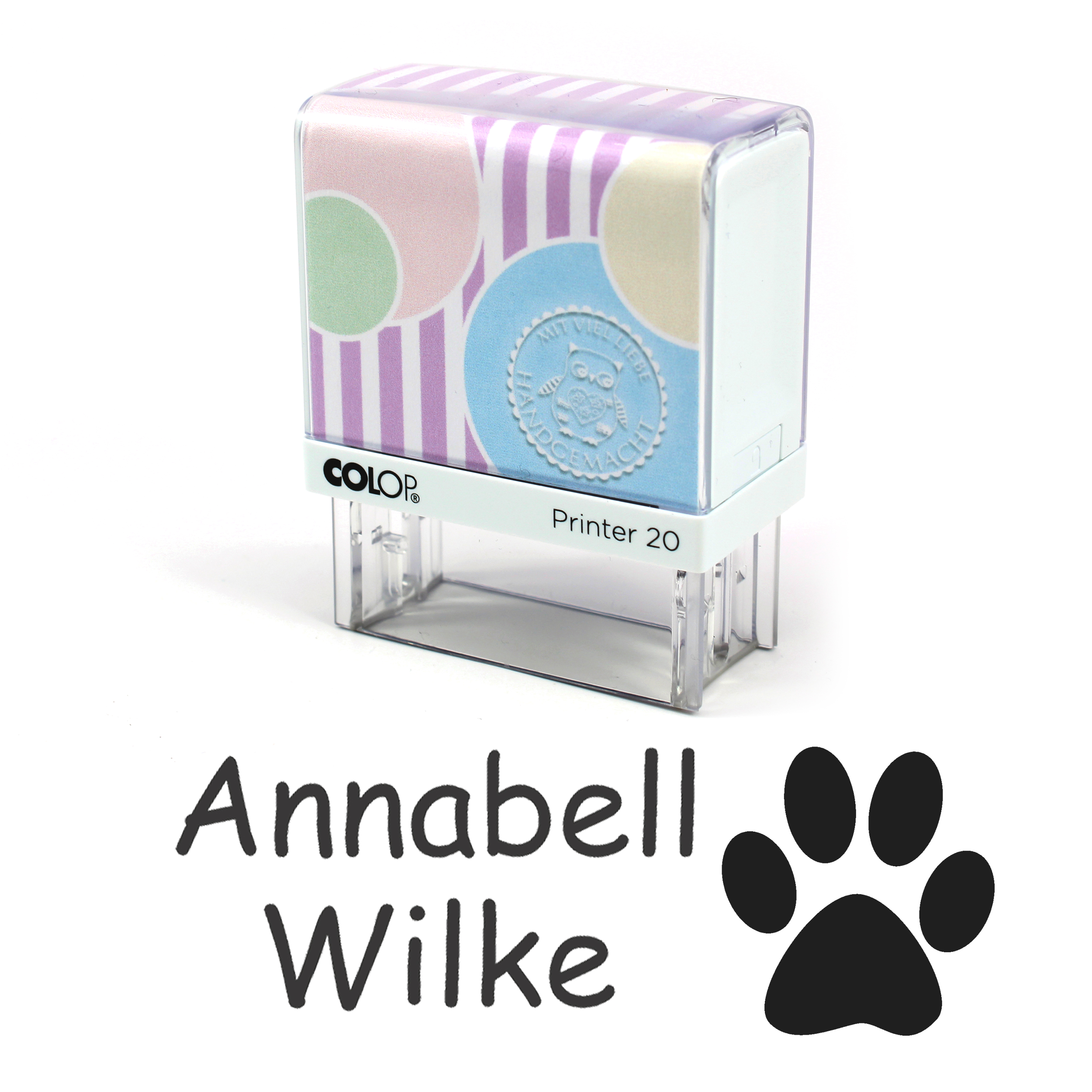 Textilstempel Pfote - personalisierter Automatikstempel mit Namen - für Textilien Kleidung 38x14mm