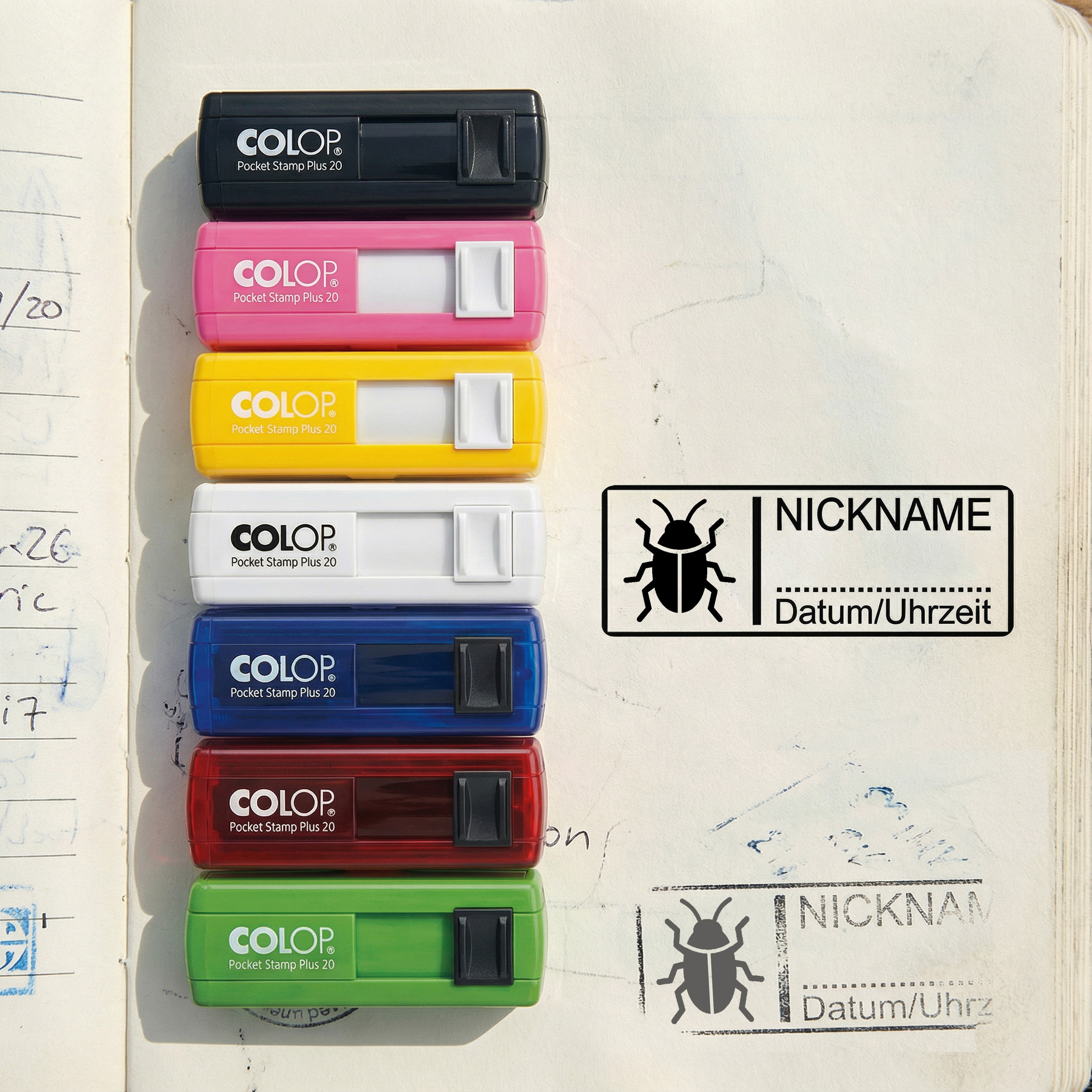 Geocachingstempel Käfer 35x13 mm – personalisierter Taschenstempel – für Geocaching