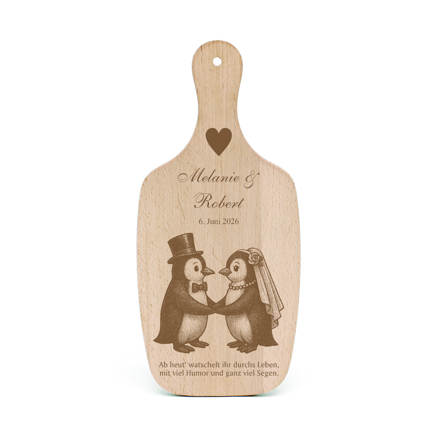 Hochzeitsgeschenk Holzbrett „Pinguin Hochzeit“ Pinguinpaar – 33×15 cm – personalisierbar mit Namen & Datum
