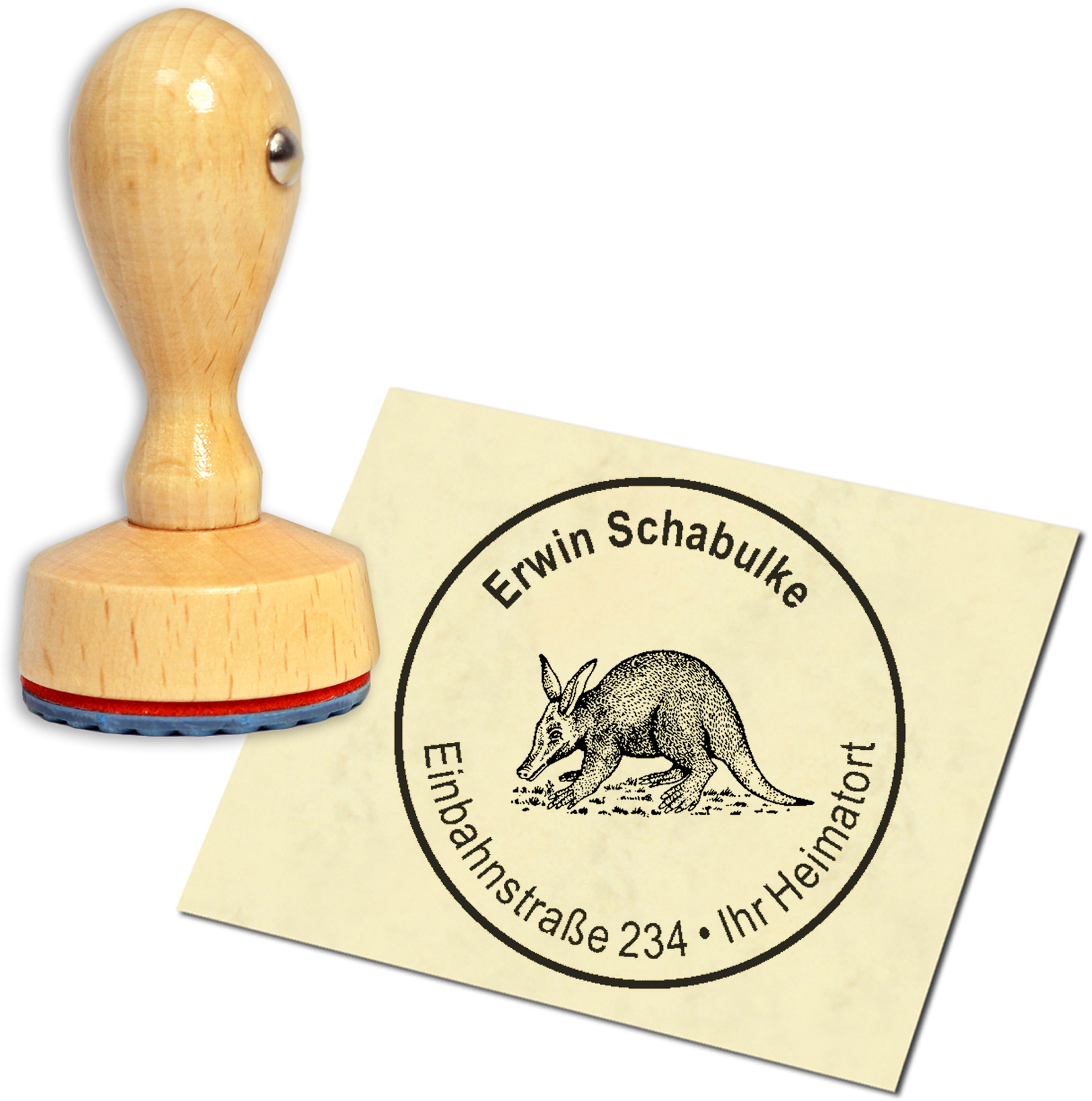 Stempel Adressstempel Holzstempel - Erdferkel - rund 40mm
