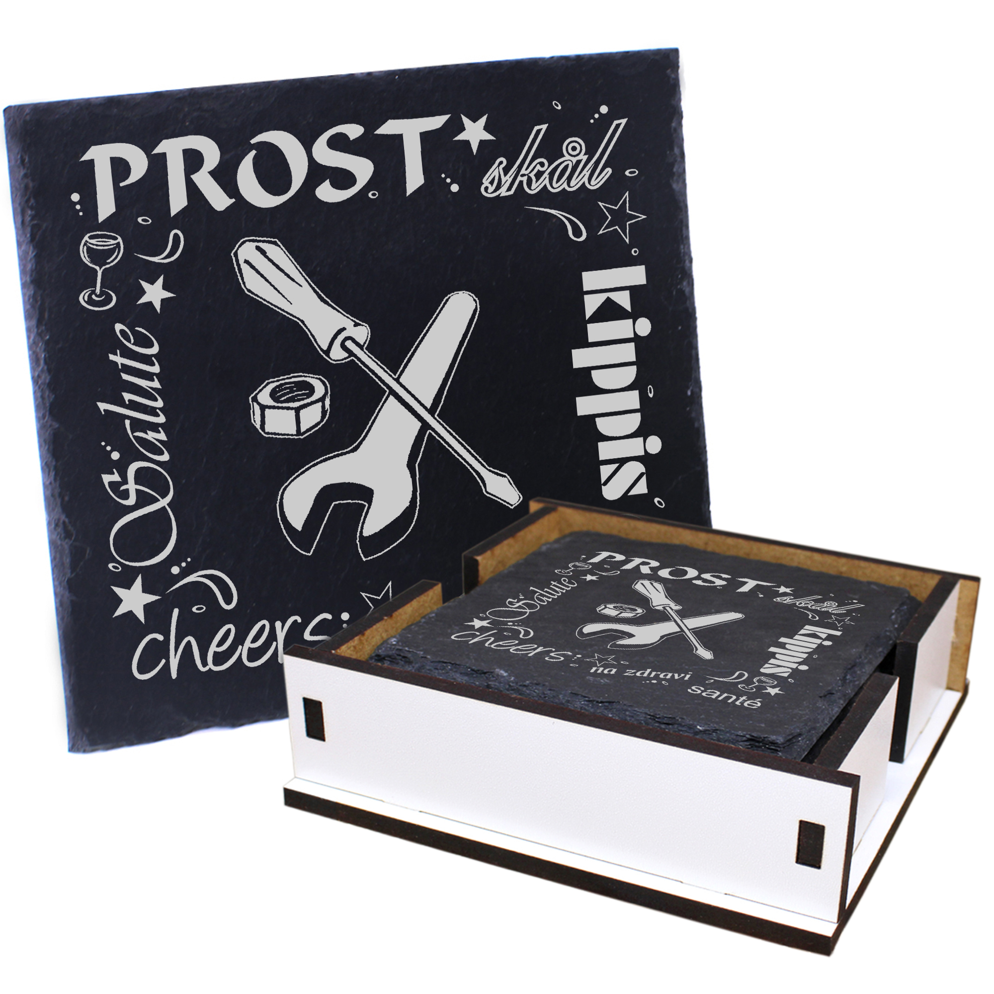 5 x Schiefer Untersetzer - Prost Werkzeug - inkl. Holzbox & Flaschenuntersetzer