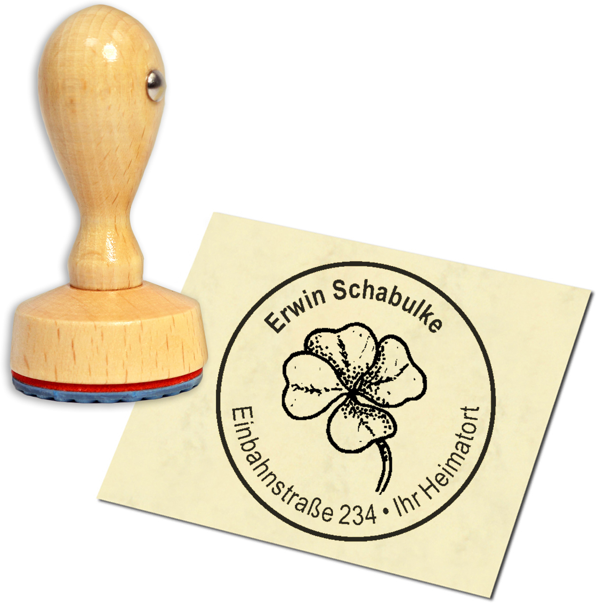 Stempel Adressstempel Holzstempel - Vierblättriges  Kleeblatt - rund 40mm