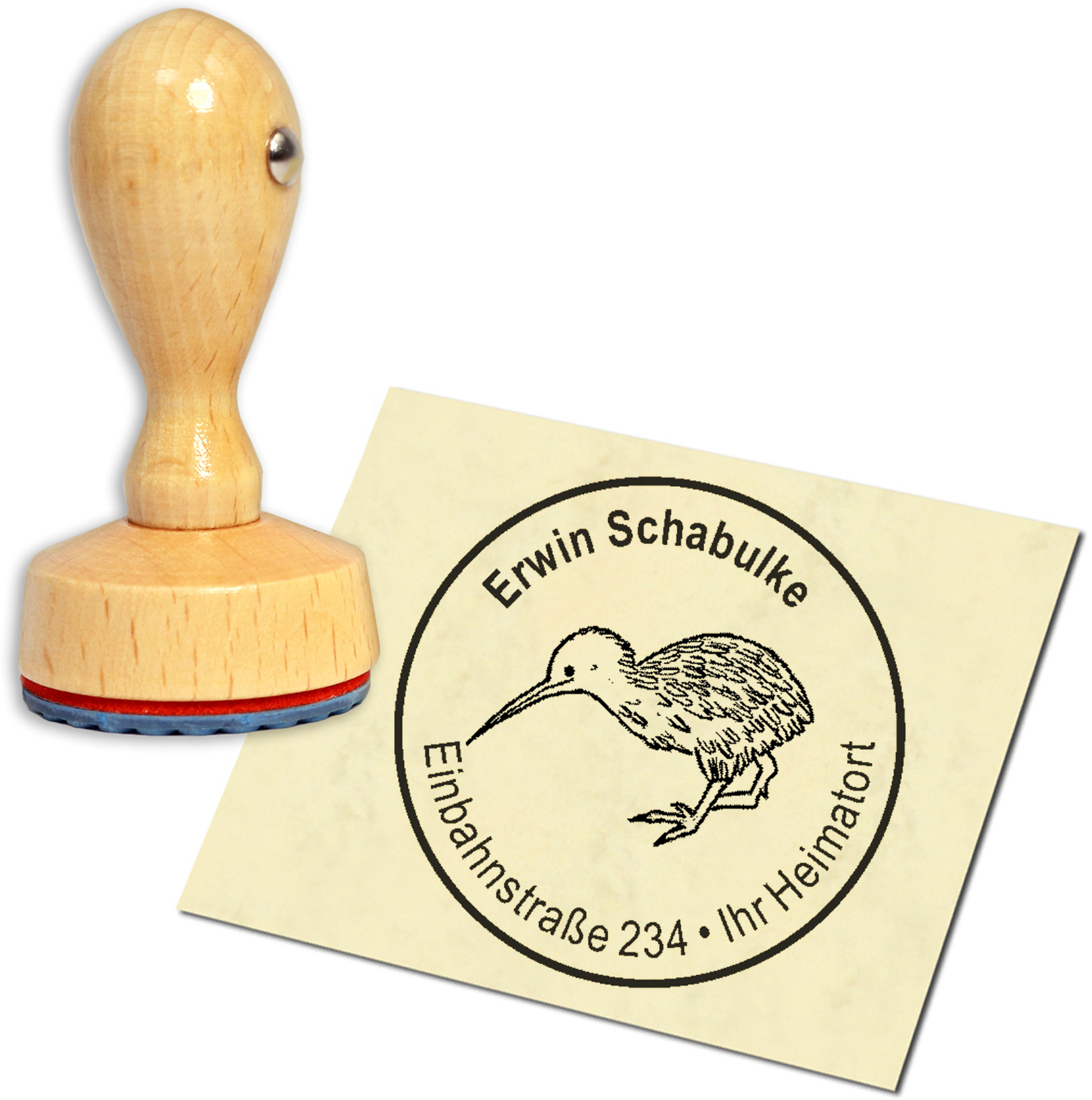 Stempel Adressstempel Holzstempel - Kiwi - rund 40mm