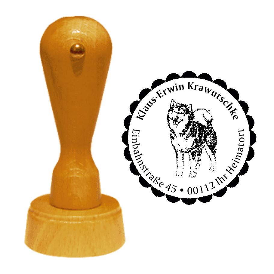 Adressstempel Alaskan Malamute -  Holzstempel personalisiert mit Adresse - Ø 40 mm