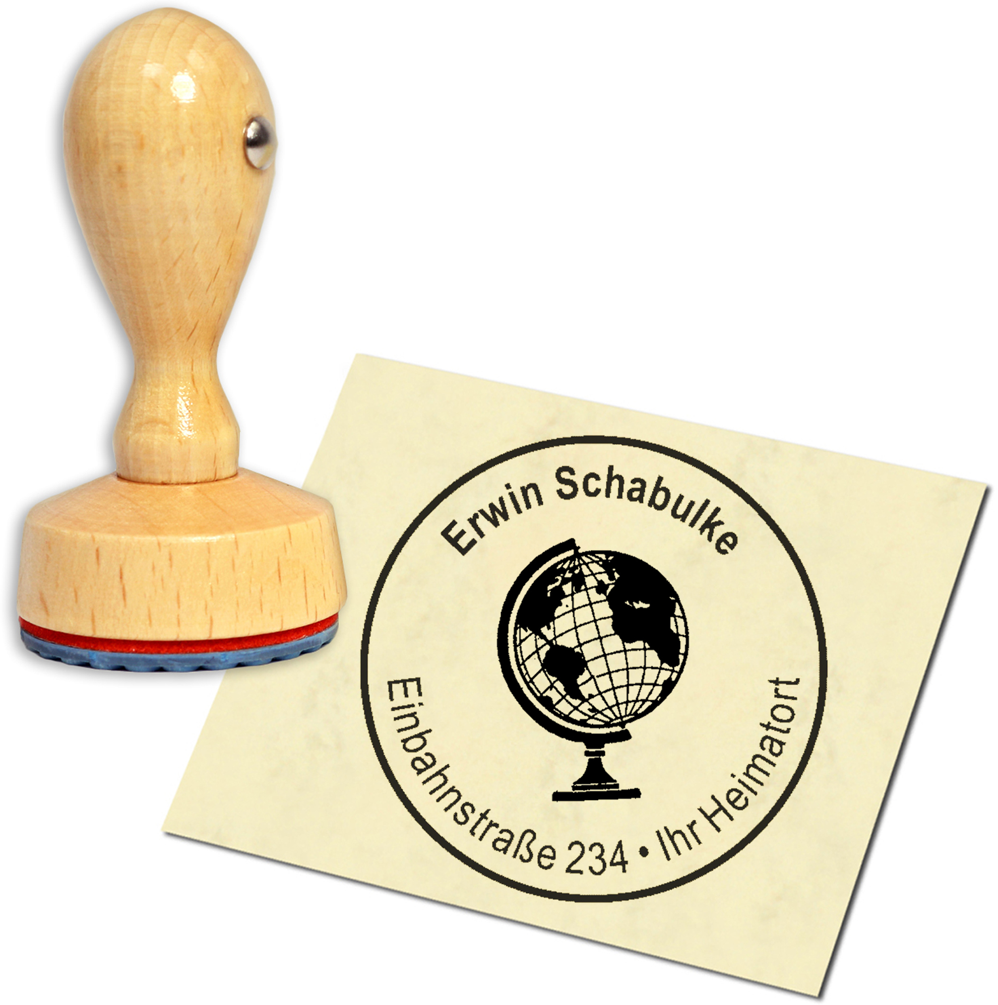 Stempel Adressstempel Holzstempel - Globus - rund 40mm