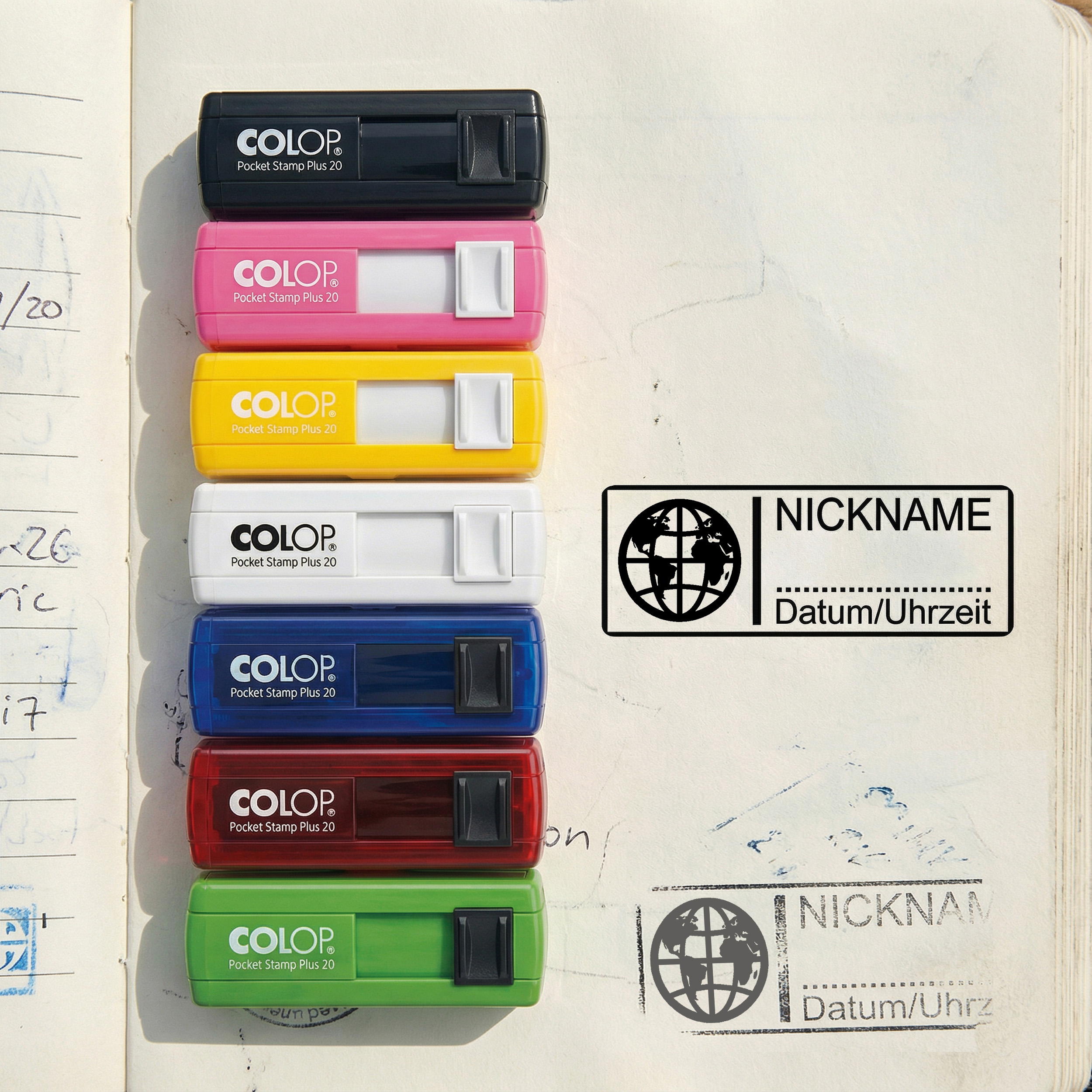 Geocachingstempel Globus Erde Erdkugel 35x13 mm – personalisierter Taschenstempel – für Geocaching