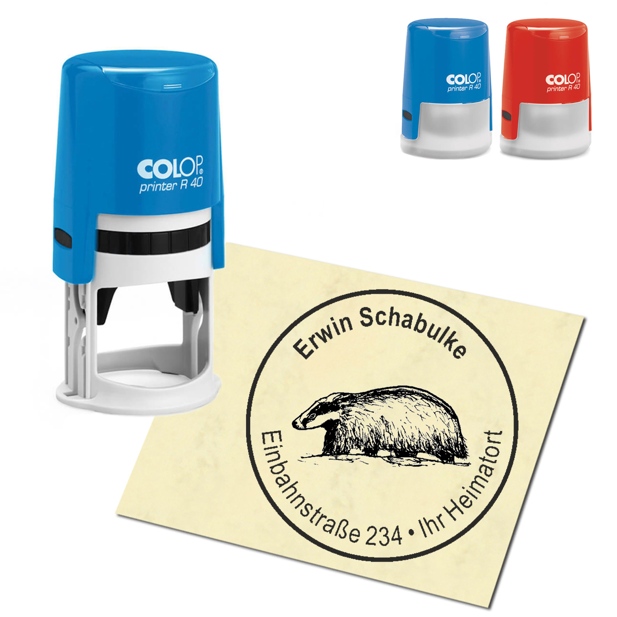 Stempel Adressstempel personalisiert - Dachs auf Sand - rund &empty; 40mm
