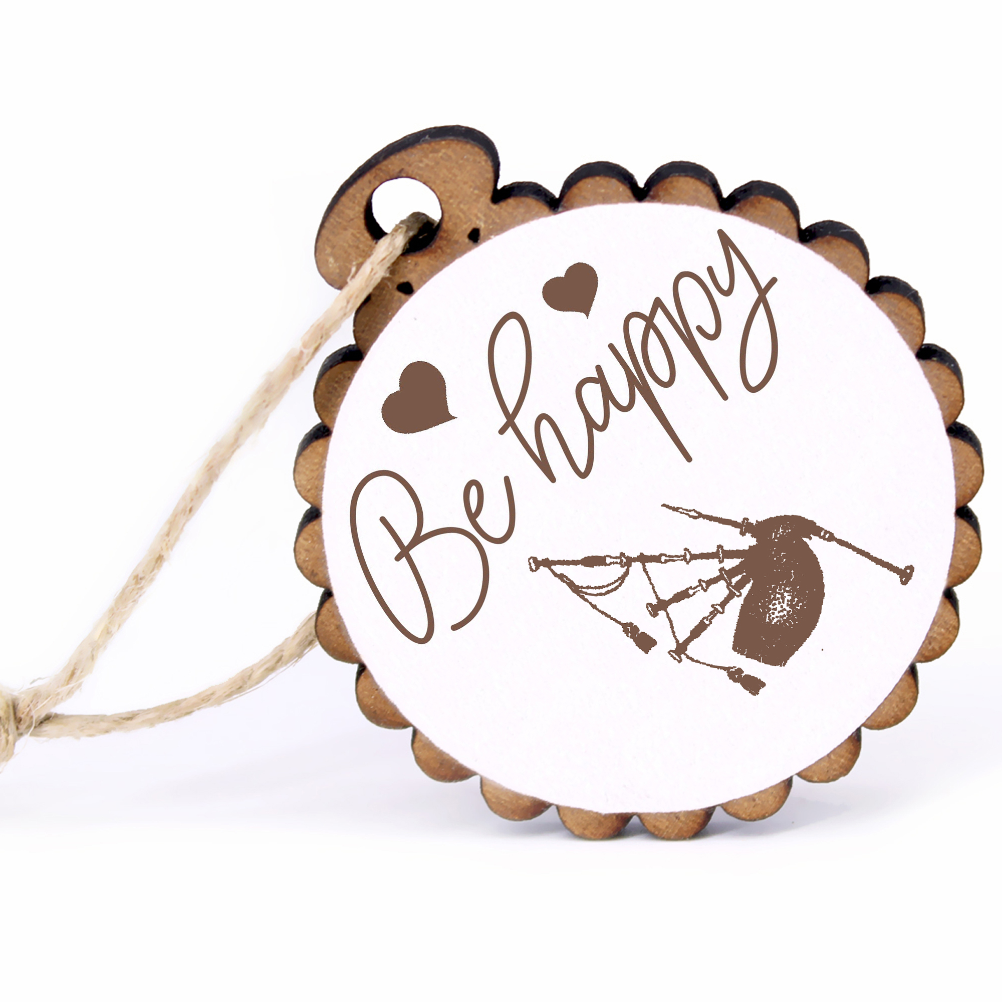Geschenkanhänger - Be Happy Dudelsack -  Holz Ø-5cm - mit Juteband