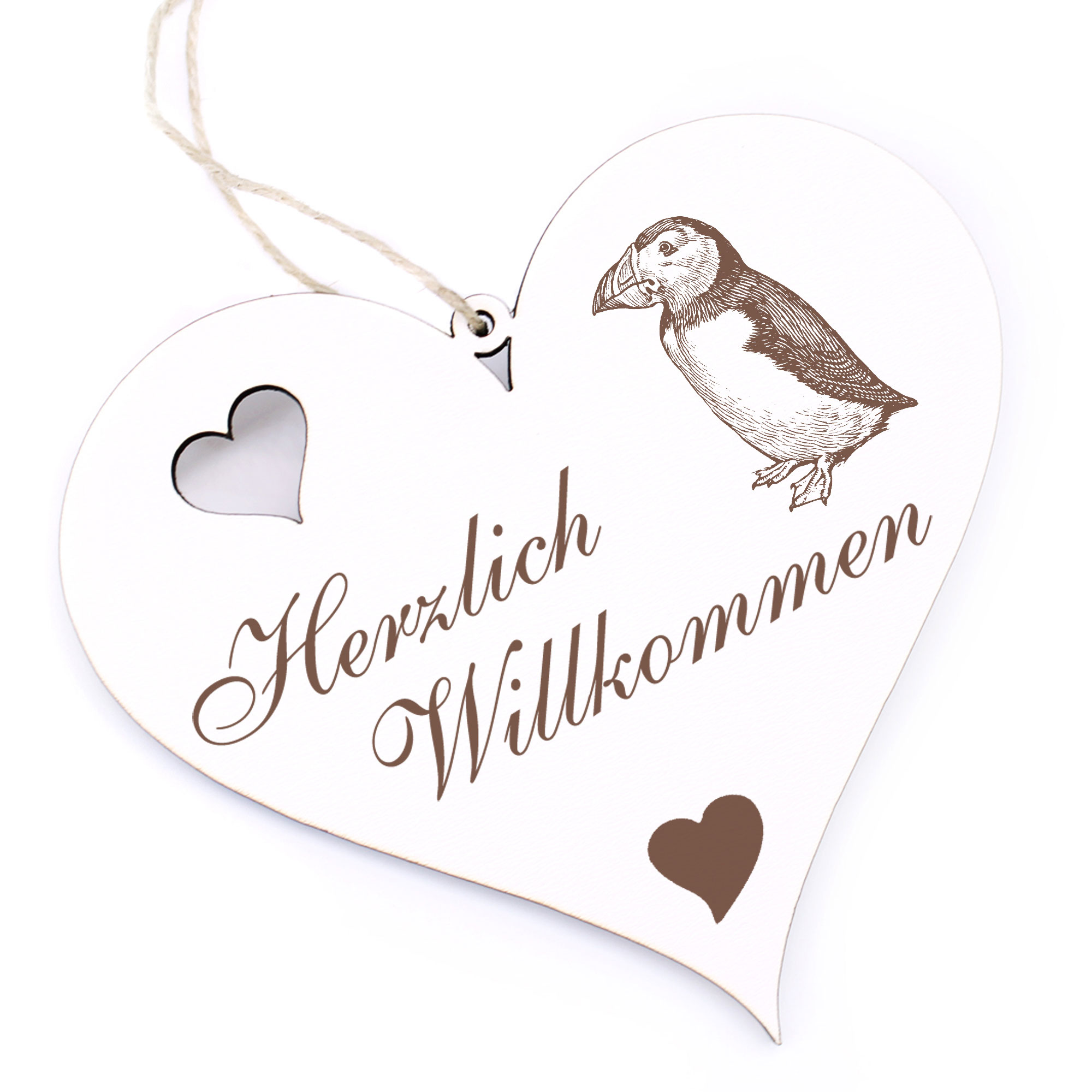 Herzlich Willkommen Schild - Puffin Papageitaucher - Deko Herz Holz