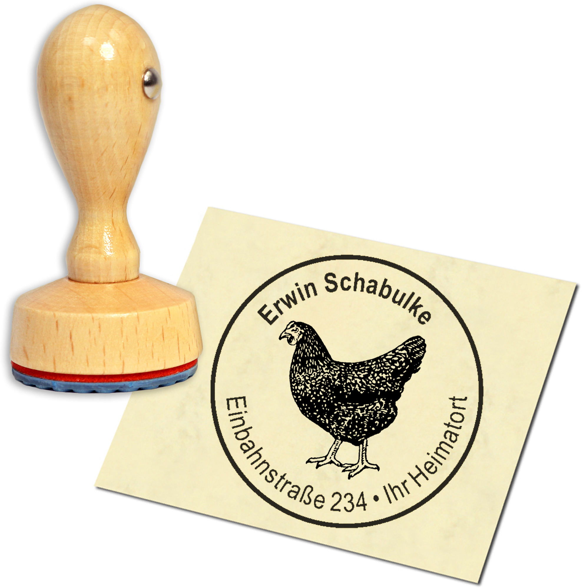 Stempel Adressstempel Holzstempel - dunkles Huhn - rund 40mm