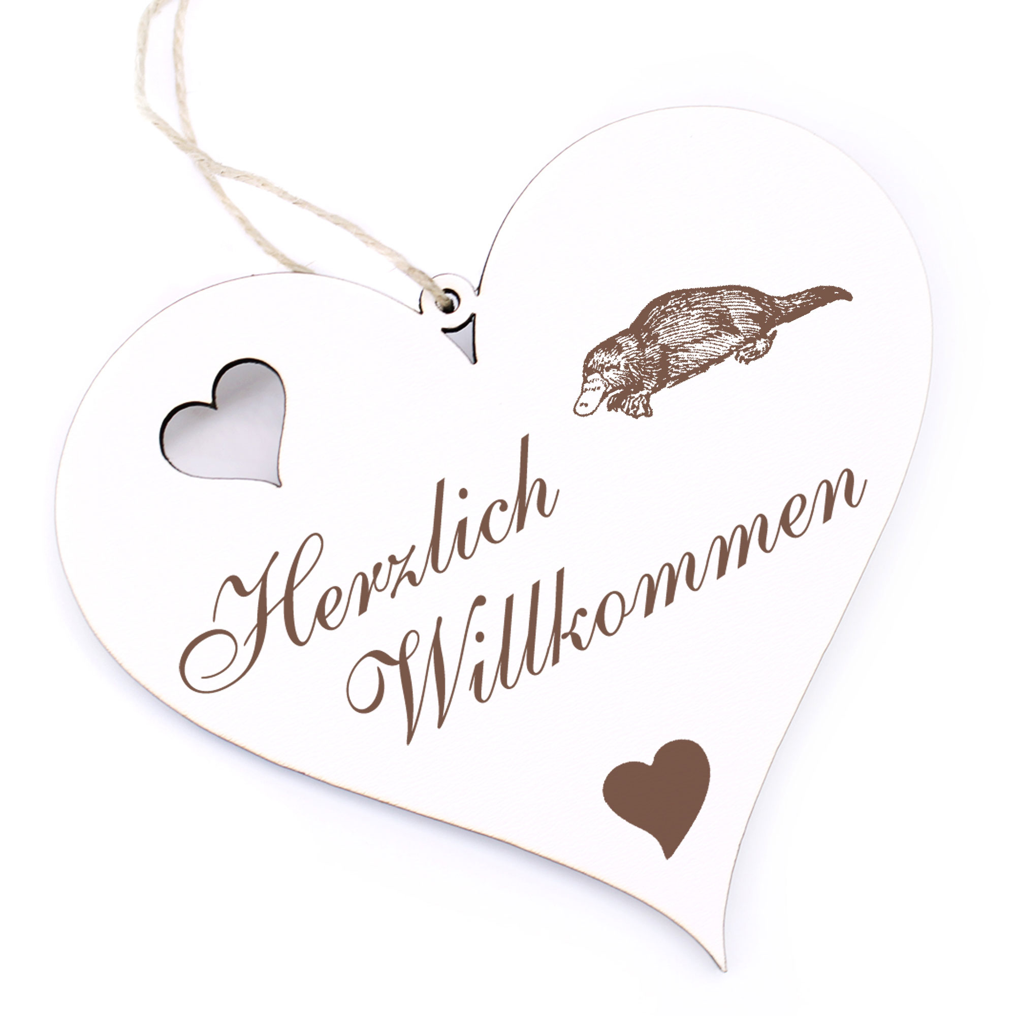 Herzlich Willkommen Schild - Schnabeltier - Deko Herz Holz