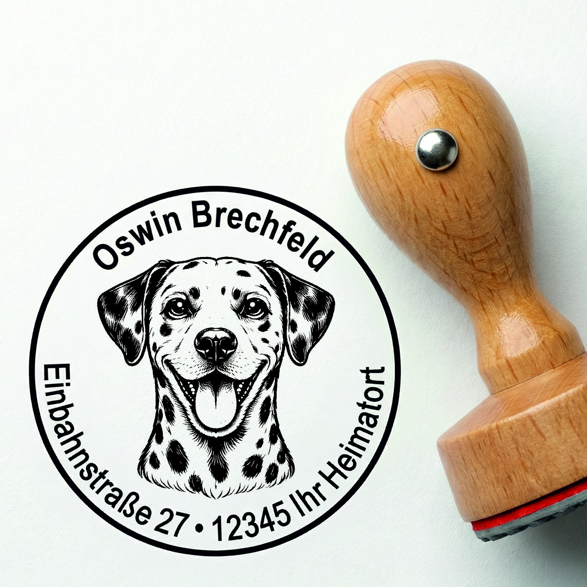 Stempel Dalmatiner personalisiert – Hund Holzstempel mit Name & Adresse