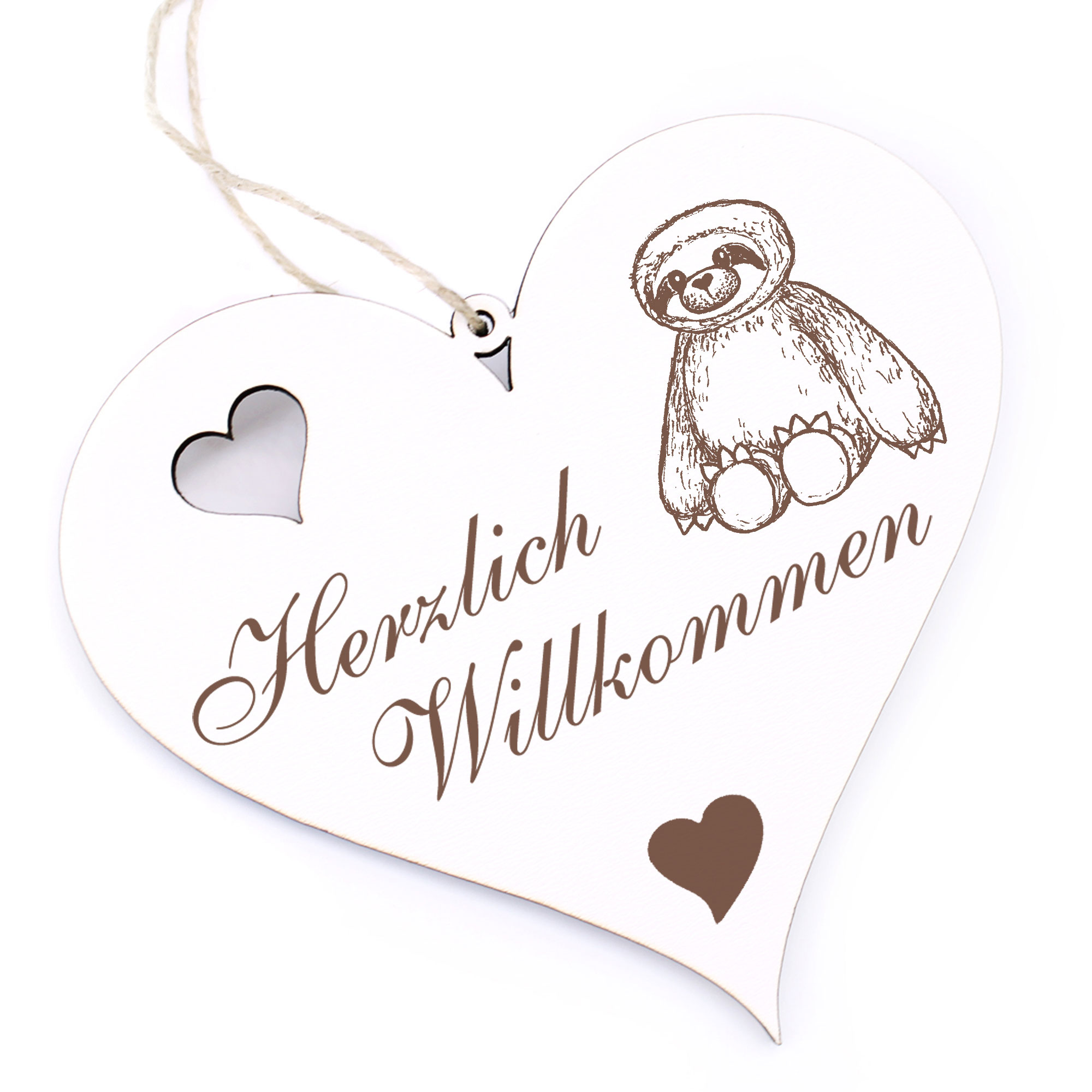 Herzlich Willkommen Schild - niedlicher Faultier Teddy - Deko Herz Holz
