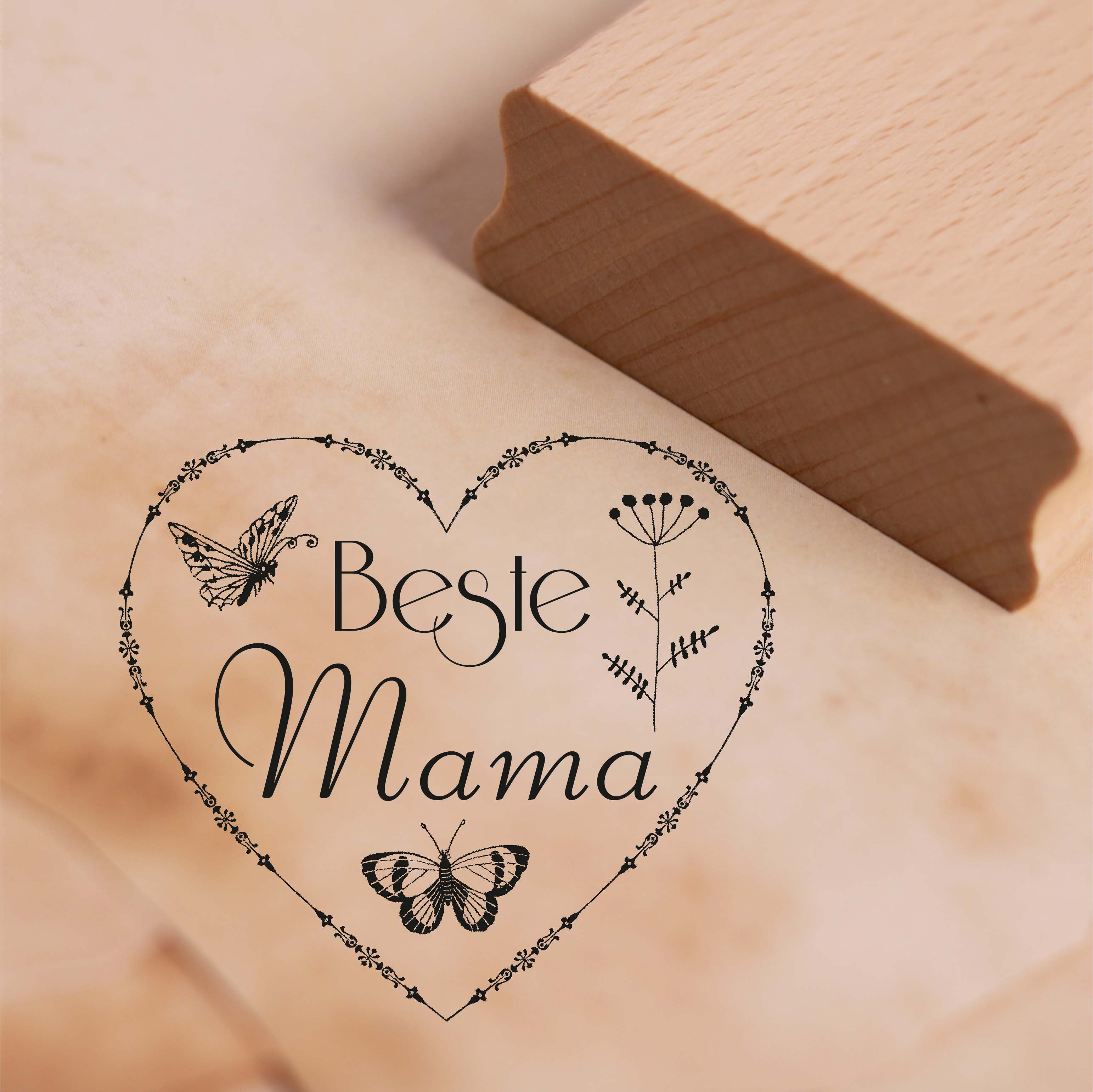 Motivstempel Beste Mama Herz - Schmetterlinge Blume Stempel 48 x 42 mm