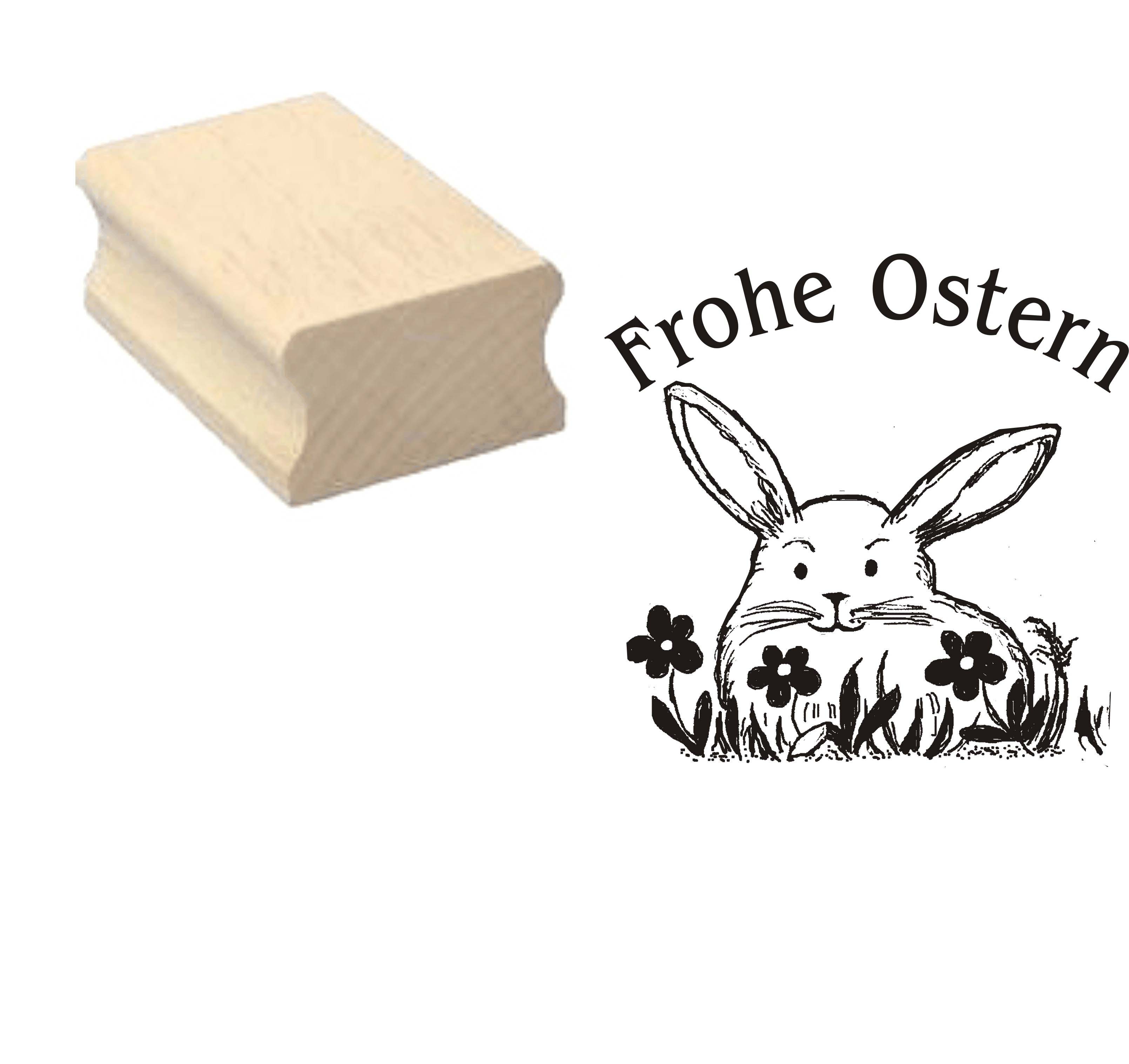 Stempel « FROHE OSTERN 05 » mit Motiv Osterhase Osternest Blumen - ca. 40 x 40 mm