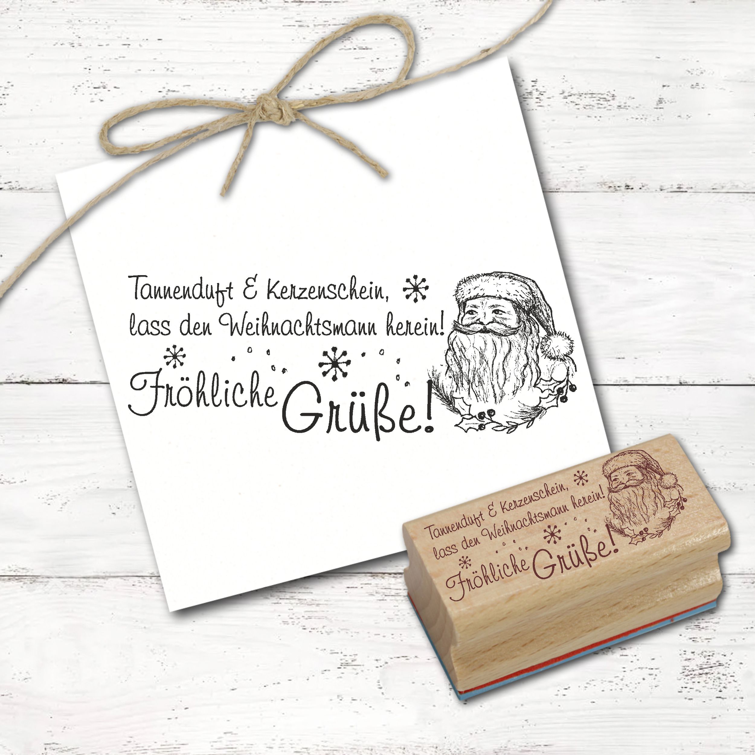 Motivstempel Tannenduft & Kerzenschein - Fröhliche Grüße Weihnachtsmann Stempel Holzstempel 98 mm x 38 mm