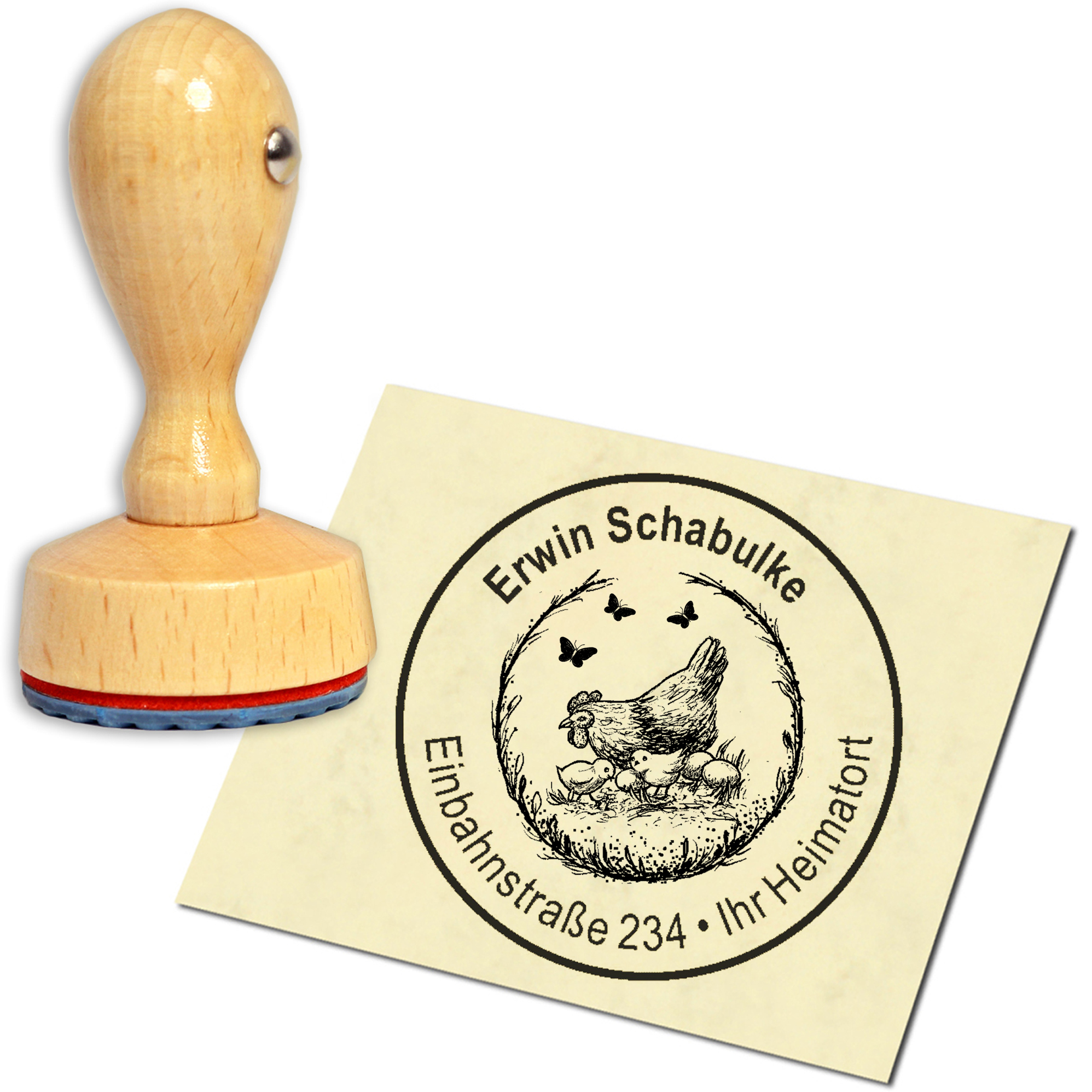 Stempel Adressstempel Holzstempel - Glucke mit Küken - rund 40mm