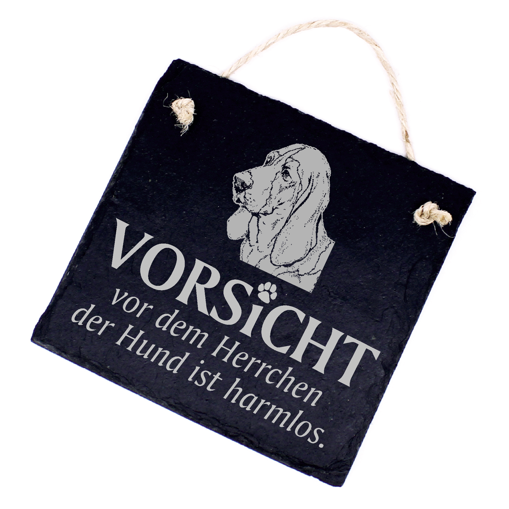 Hundeschild Basset Hound Schild aus Schiefer - Vorsicht vor dem Herrchen - 11cm x 11cm