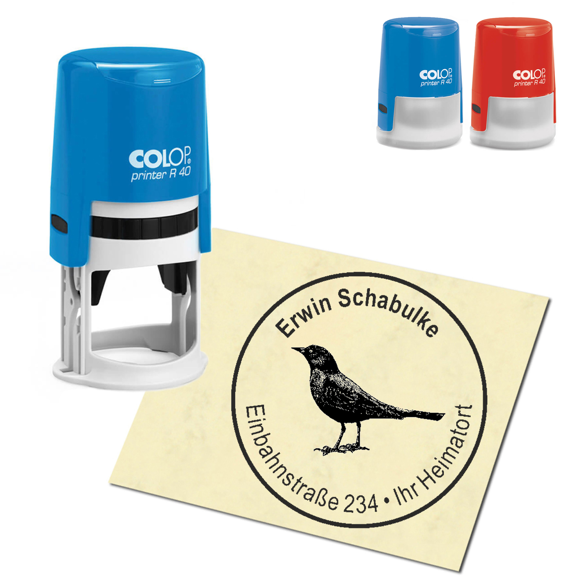 Stempel Adressstempel personalisiert - Amsel Schwarzdrossel  - rund &empty; 40mm