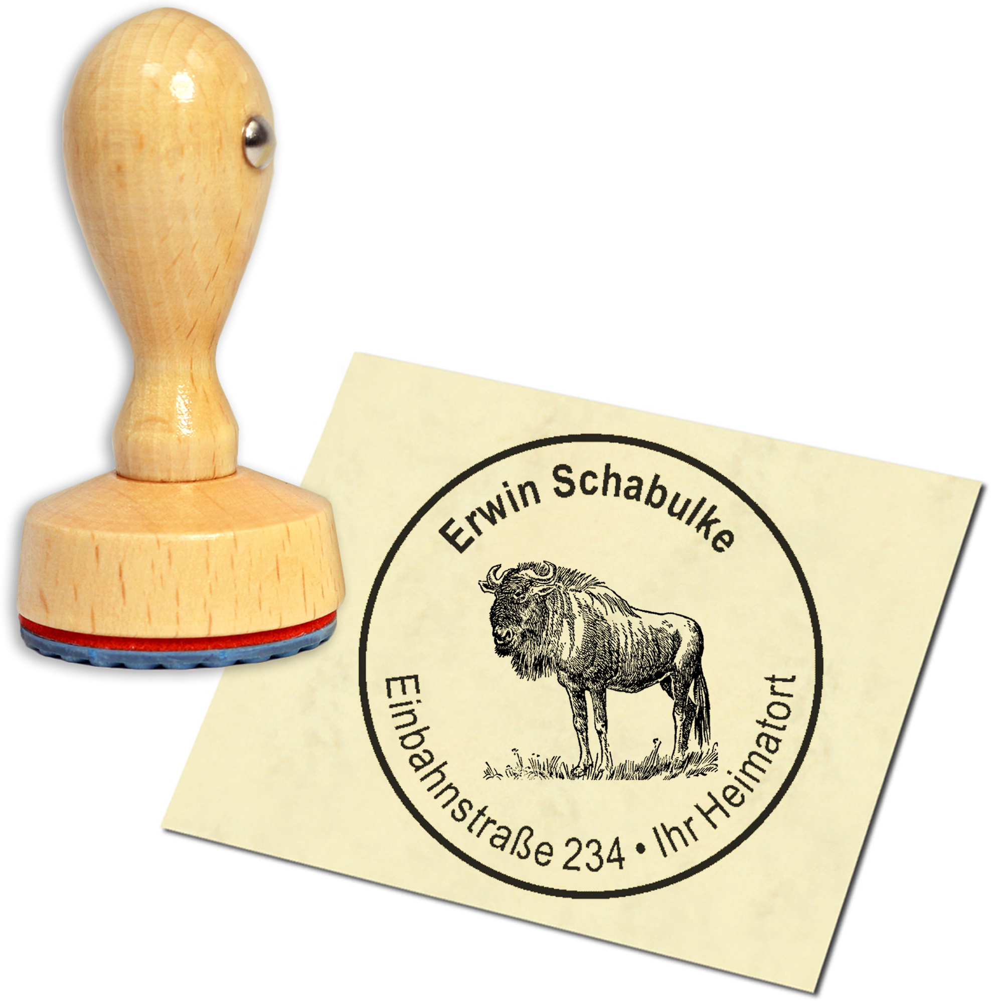 Stempel Adressstempel Holzstempel - Gnu - rund 40mm