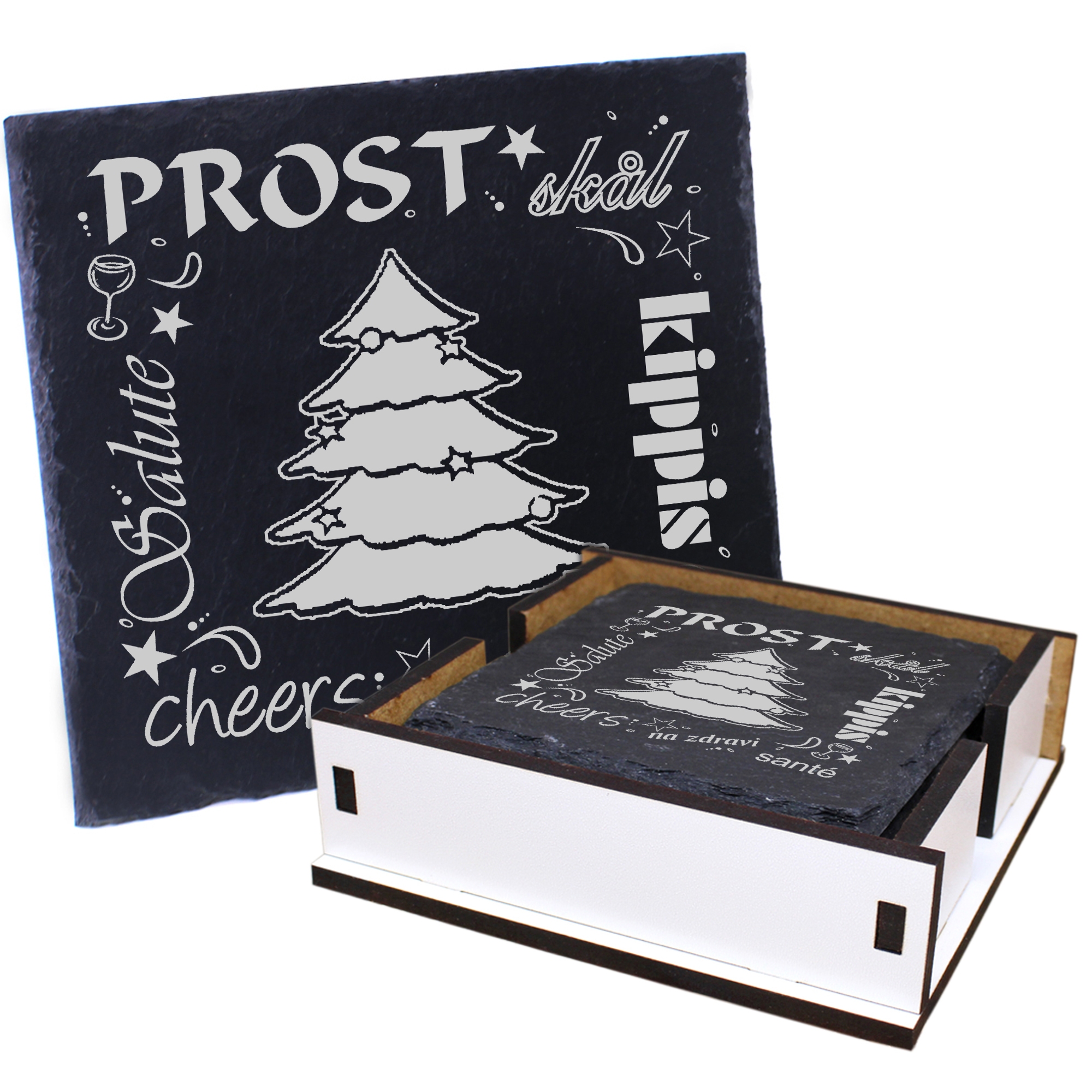 5 x Schiefer Untersetzer - Prost Tannenbaum - inkl. Holzbox & Flaschenuntersetzer